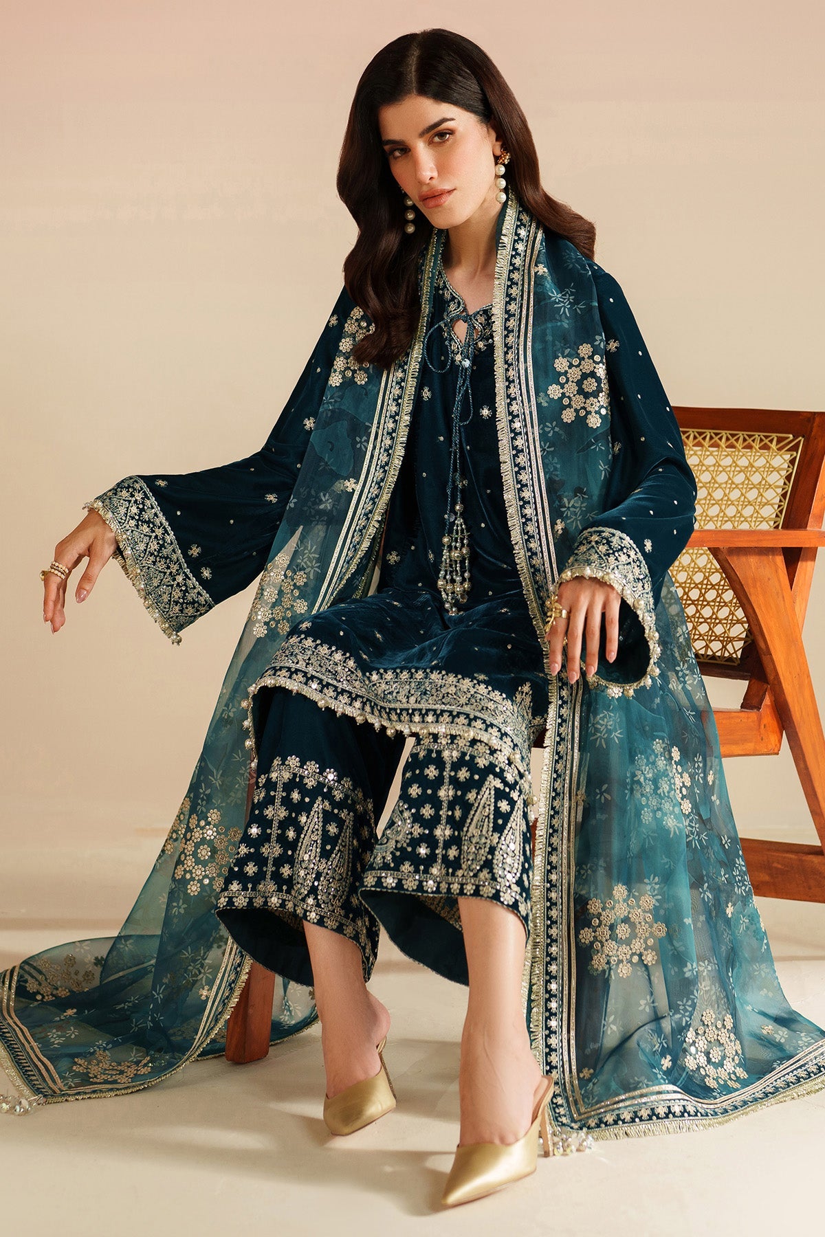 Women Wearing Embroidered Velvet Formal VVF D-2 Teal Long Shirt for Wedding Events - Pakistani Designer Wear for Women in UK | Kifat