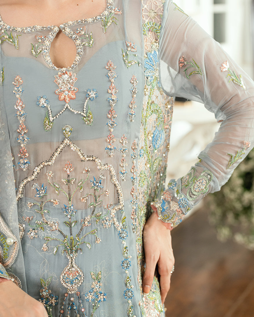 Women Wearing Jashn e Jahanara Ice Blue Long Shirt with Sharara for Festive Events - Pakistani Designer Wear for Women in UK | Kifat