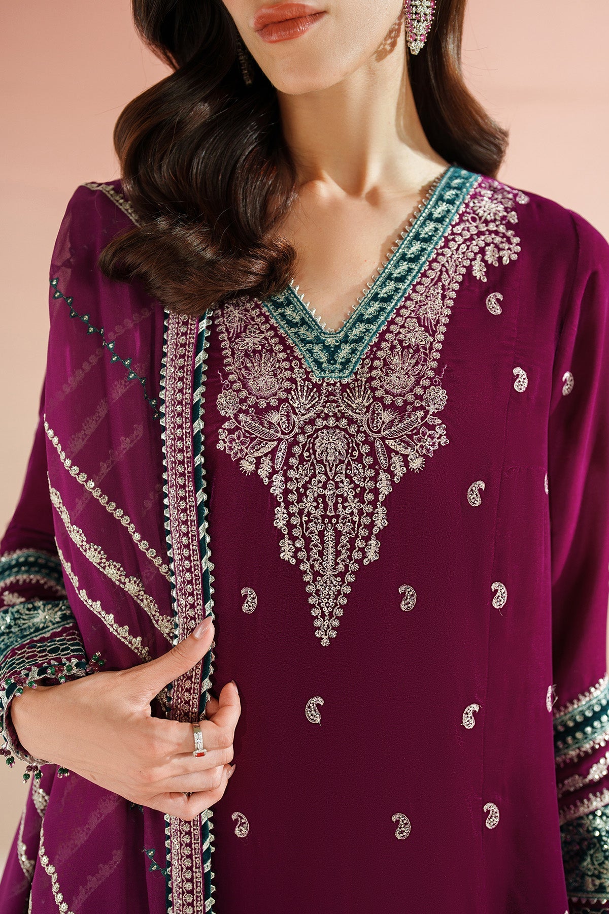Women Wearing Embroidered Velvet Formal VVF D-6 Purple Long Shirt for Wedding Events - Pakistani Designer Wear for Women in UK | Kifat