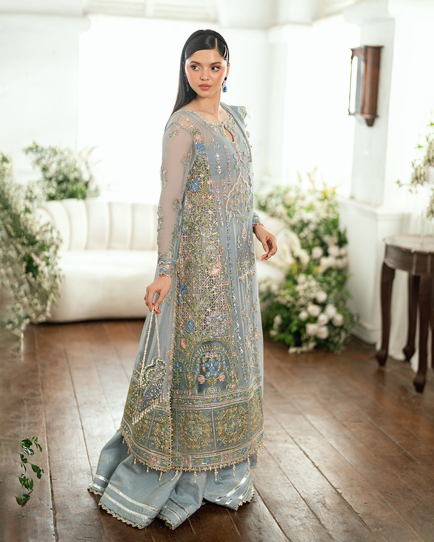 Women Wearing Jashn e Jahanara Ice Blue Long Shirt with Sharara for Festive Events - Pakistani Designer Wear for Women in UK | Kifat