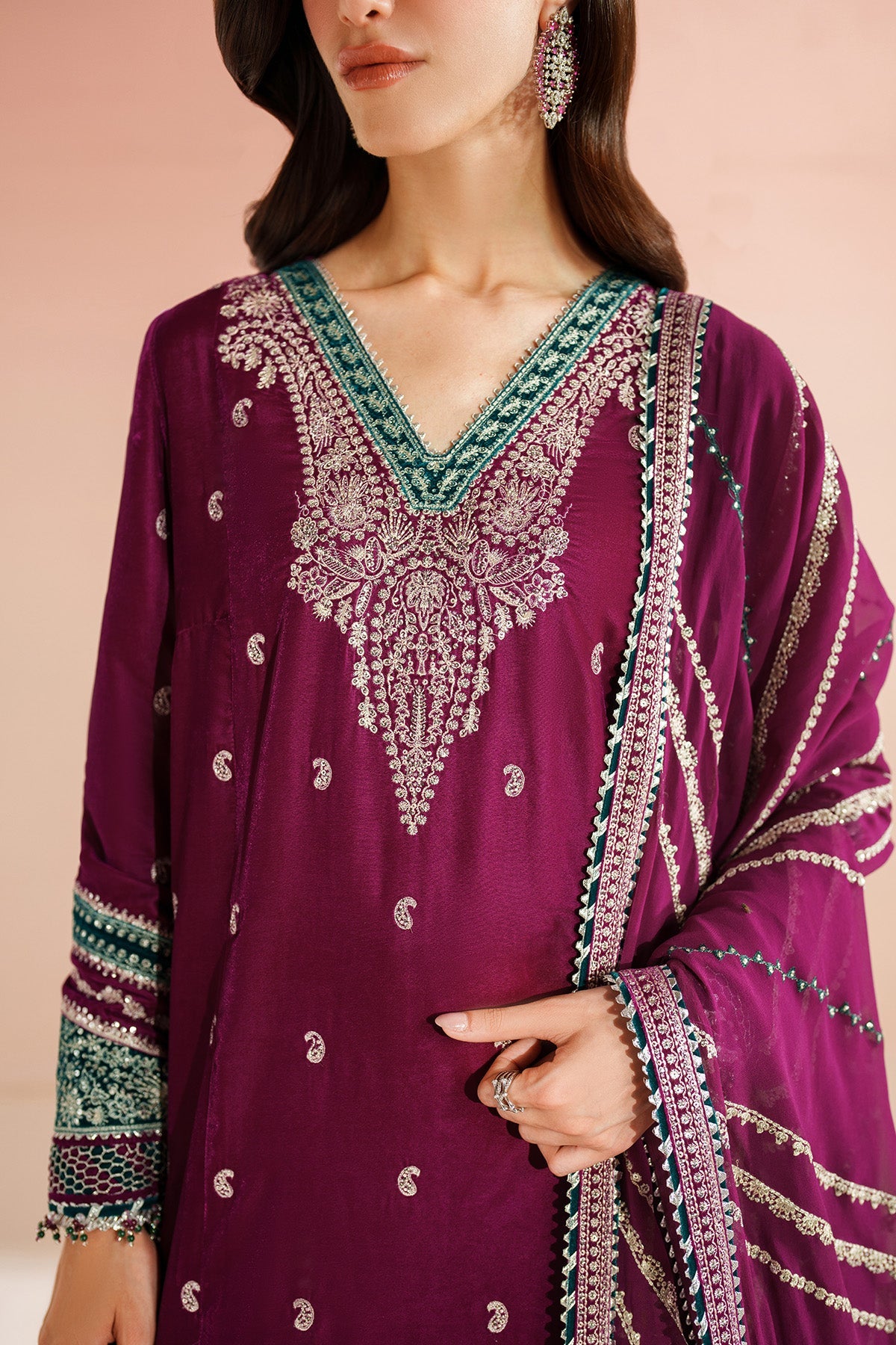 Women Wearing Embroidered Velvet Formal VVF D-6 Purple Long Shirt for Wedding Events - Pakistani Designer Wear for Women in UK | Kifat