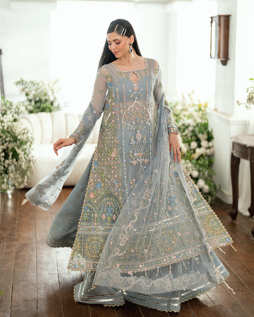 Women Wearing Jashn e Jahanara Ice Blue Long Shirt with Sharara for Festive Events - Pakistani Designer Wear for Women in UK | Kifat