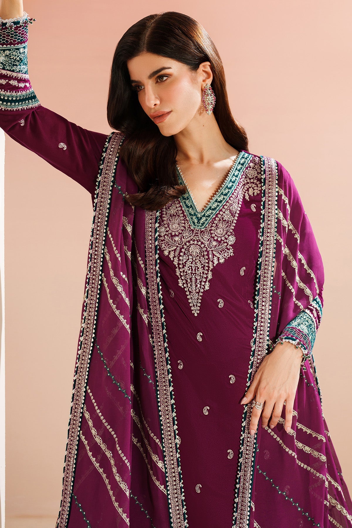 Women Wearing Embroidered Velvet Formal VVF D-6 Purple Long Shirt for Wedding Events - Pakistani Designer Wear for Women in UK | Kifat