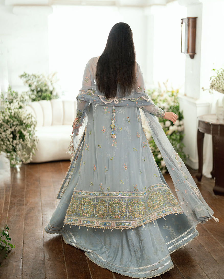 Women Wearing Jashn e Jahanara Ice Blue Long Shirt with Sharara for Festive Events - Pakistani Designer Wear for Women in UK | Kifat