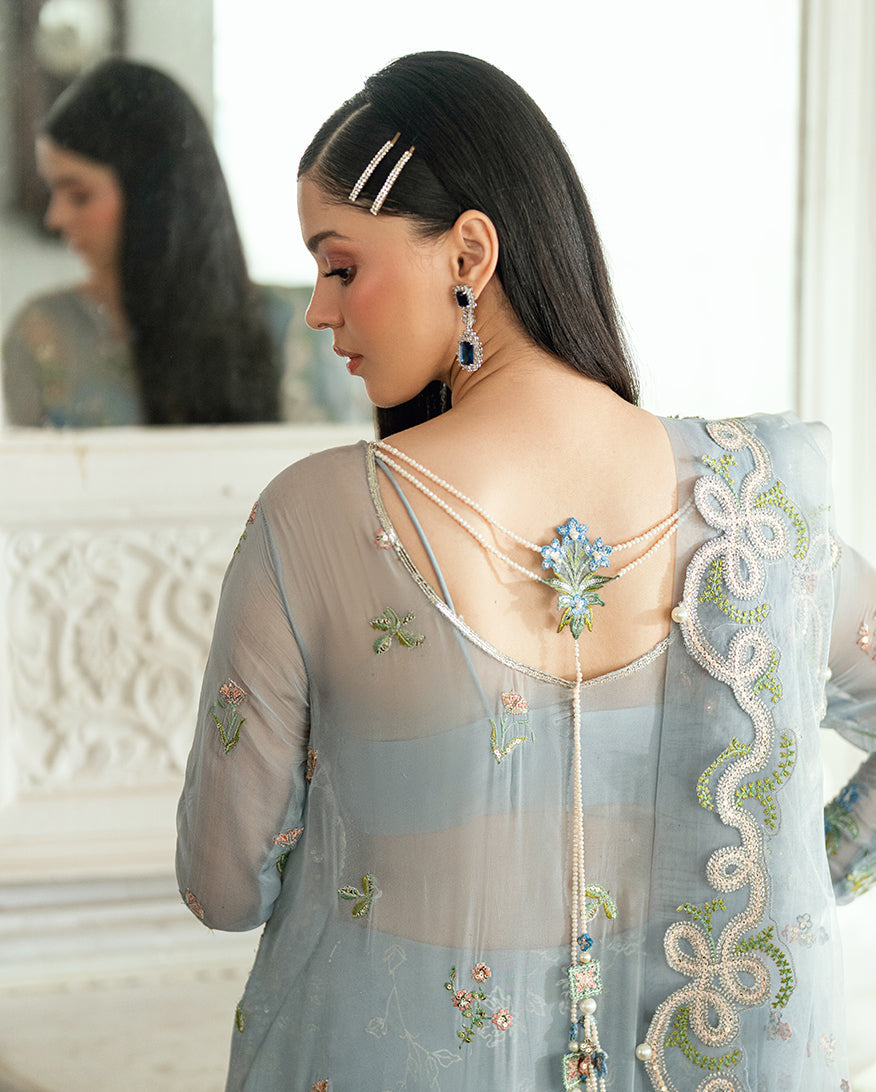 Women Wearing Jashn e Jahanara Ice Blue Long Shirt with Sharara for Festive Events - Pakistani Designer Wear for Women in UK | Kifat