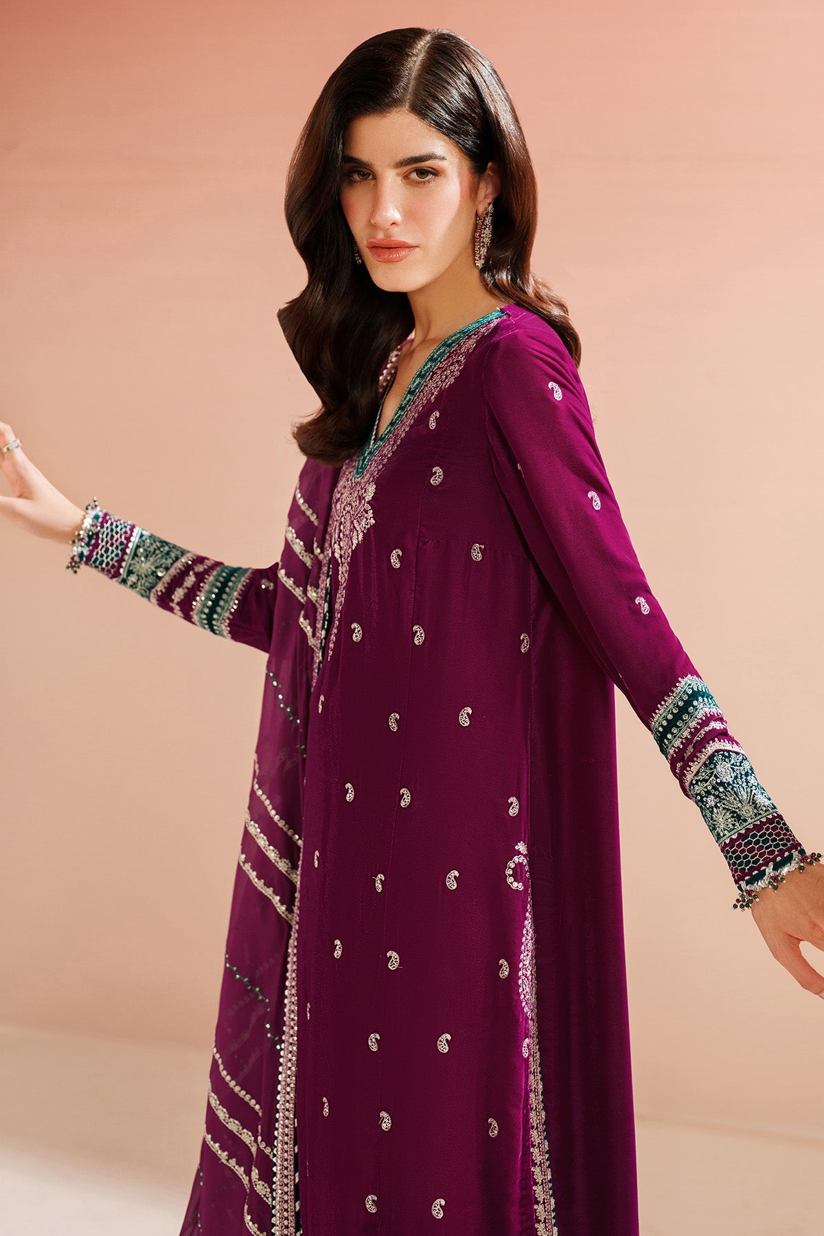 Women Wearing Embroidered Velvet Formal VVF D-6 Purple Long Shirt for Wedding Events - Pakistani Designer Wear for Women in UK | Kifat