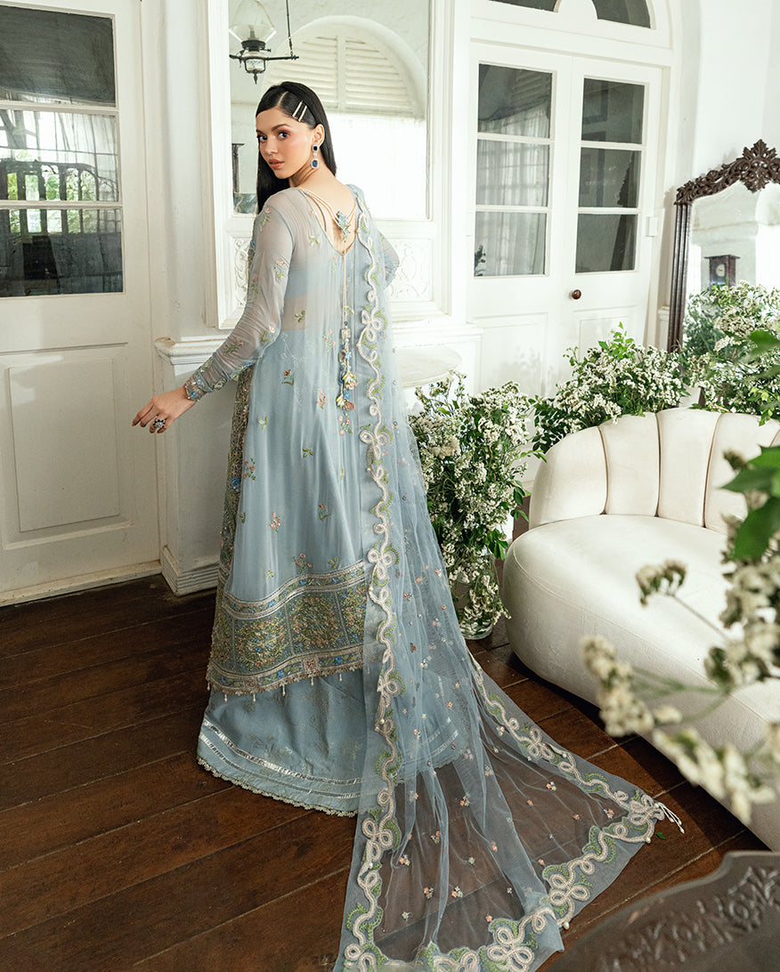 Women Wearing Jashn e Jahanara Ice Blue Long Shirt with Sharara for Festive Events - Pakistani Designer Wear for Women in UK | Kifat