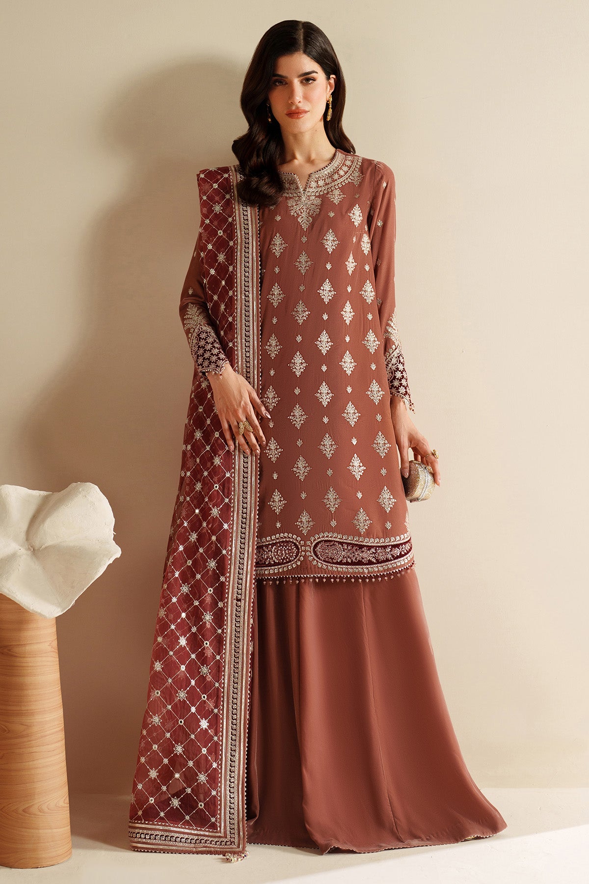 Women Wearing Embroidered Velvet Formal VVF D-3 Rust Short shirt with Sharara for Wedding Events - Pakistani Designer Wear for Women in UK | Kifat