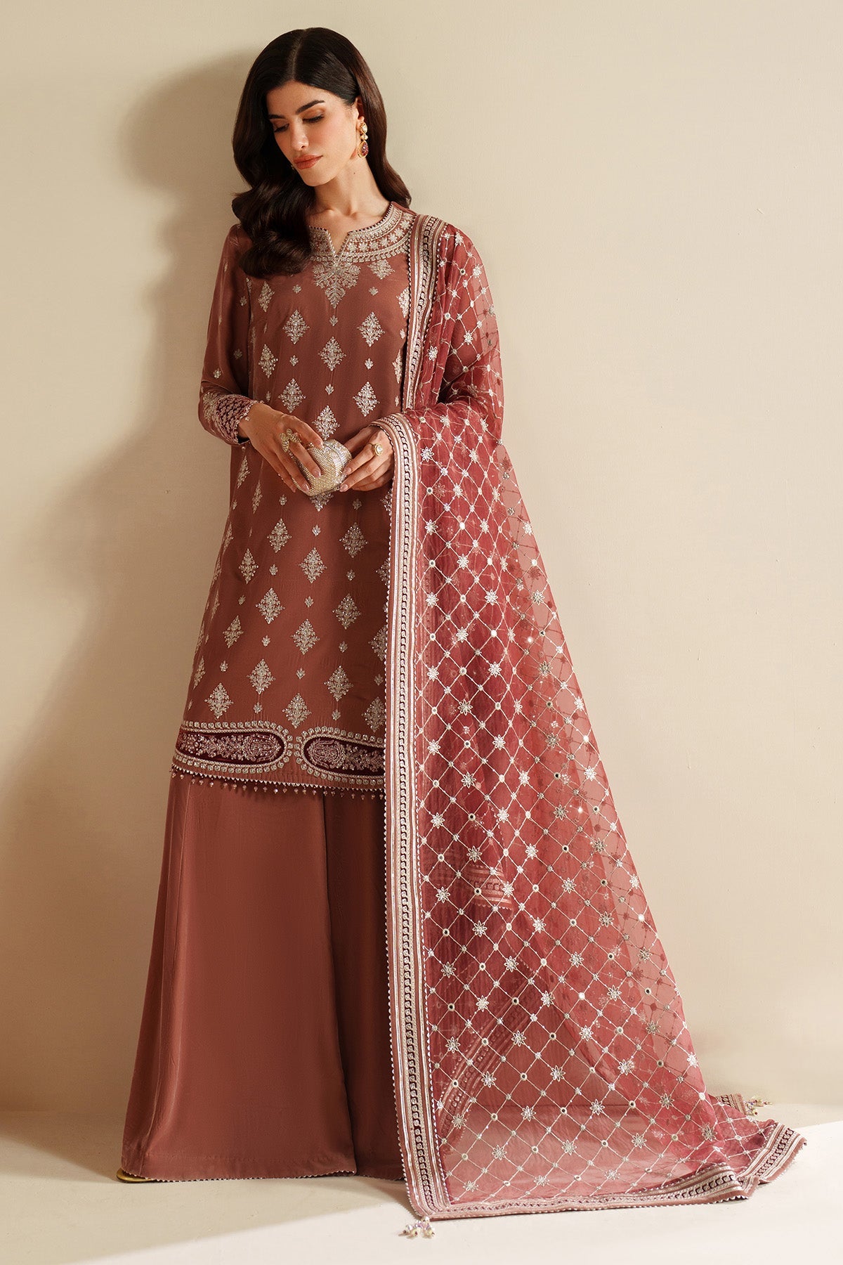 Women Wearing Embroidered Velvet Formal VVF D-3 Rust Short shirt with Sharara for Wedding Events - Pakistani Designer Wear for Women in UK | Kifat