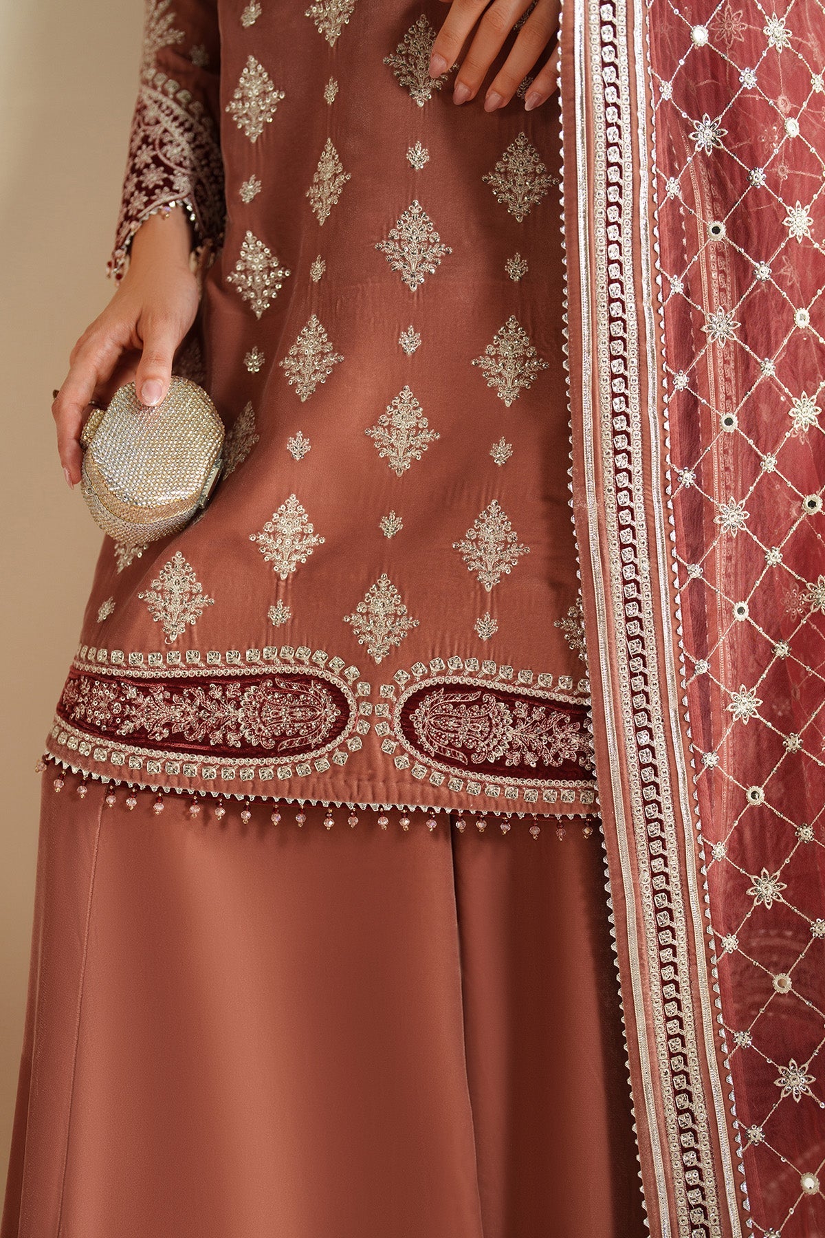 Women Wearing Embroidered Velvet Formal VVF D-3 Rust Short shirt with Sharara for Wedding Events - Pakistani Designer Wear for Women in UK | Kifat