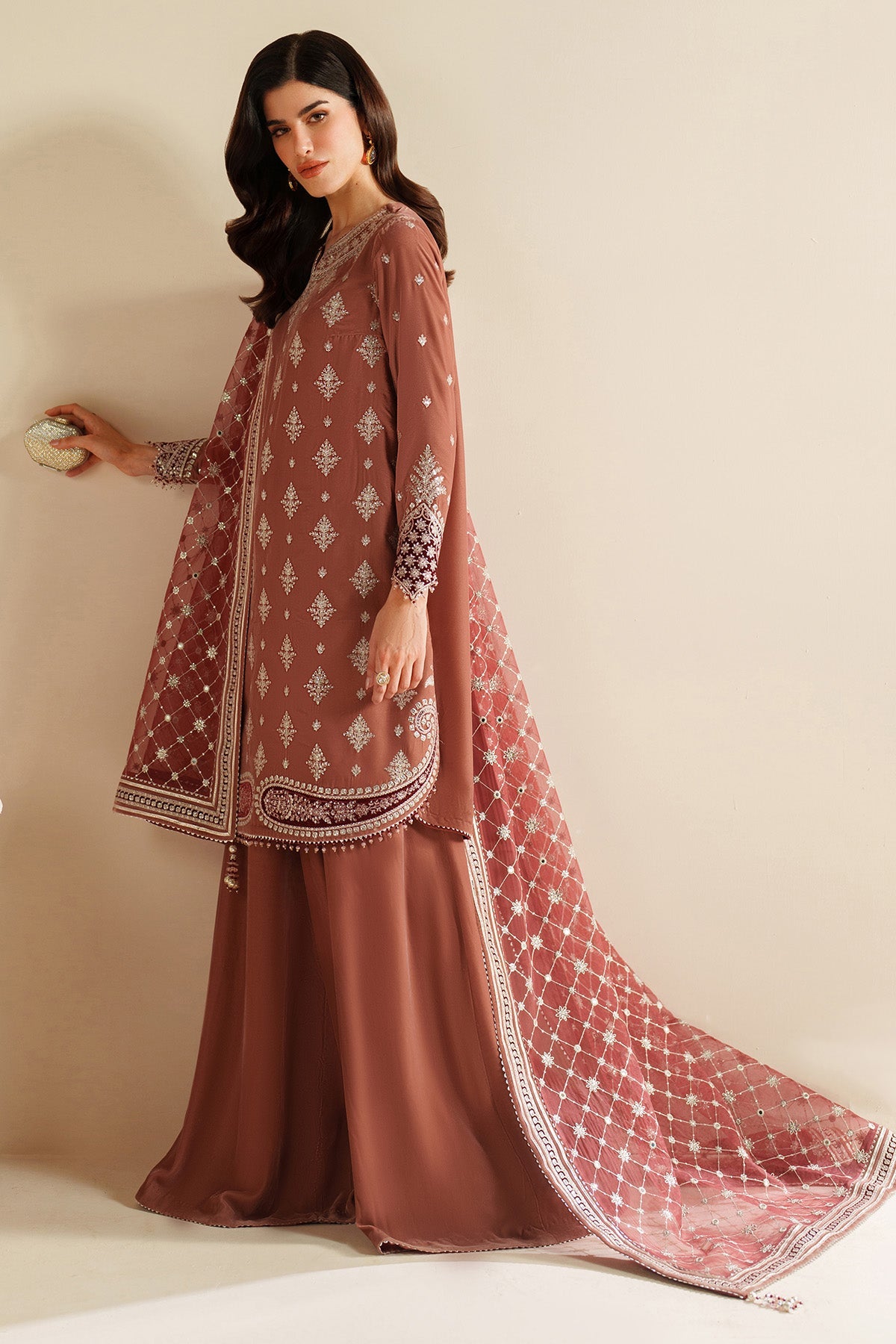 Women Wearing Embroidered Velvet Formal VVF D-3 Rust Short shirt with Sharara for Wedding Events - Pakistani Designer Wear for Women in UK | Kifat