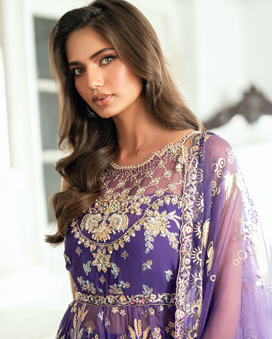 Women Wearing Tara Taal Purple Long Frock for Festive Events - Pakistani Designer Wear for Women in UK | Kifat