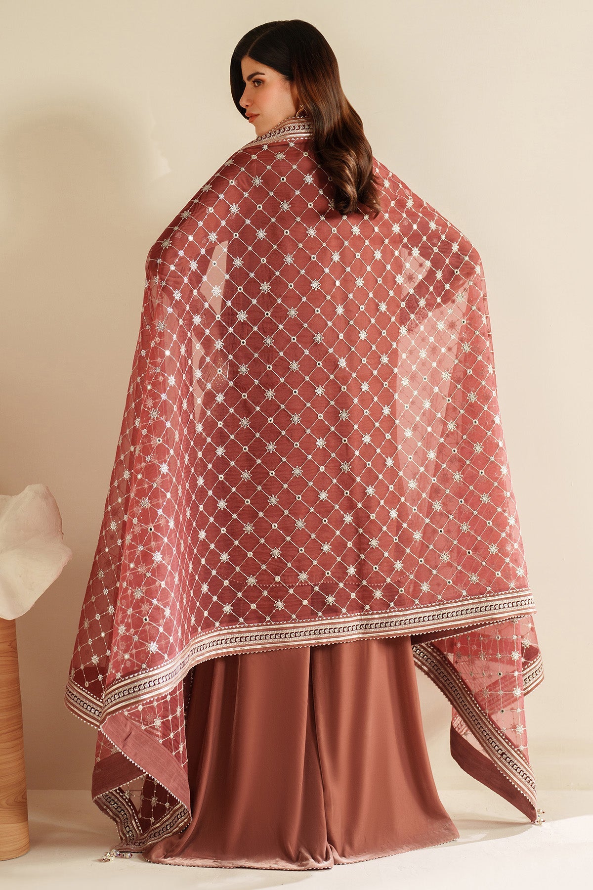 Women Wearing Embroidered Velvet Formal VVF D-3 Rust Short shirt with Sharara for Wedding Events - Pakistani Designer Wear for Women in UK | Kifat