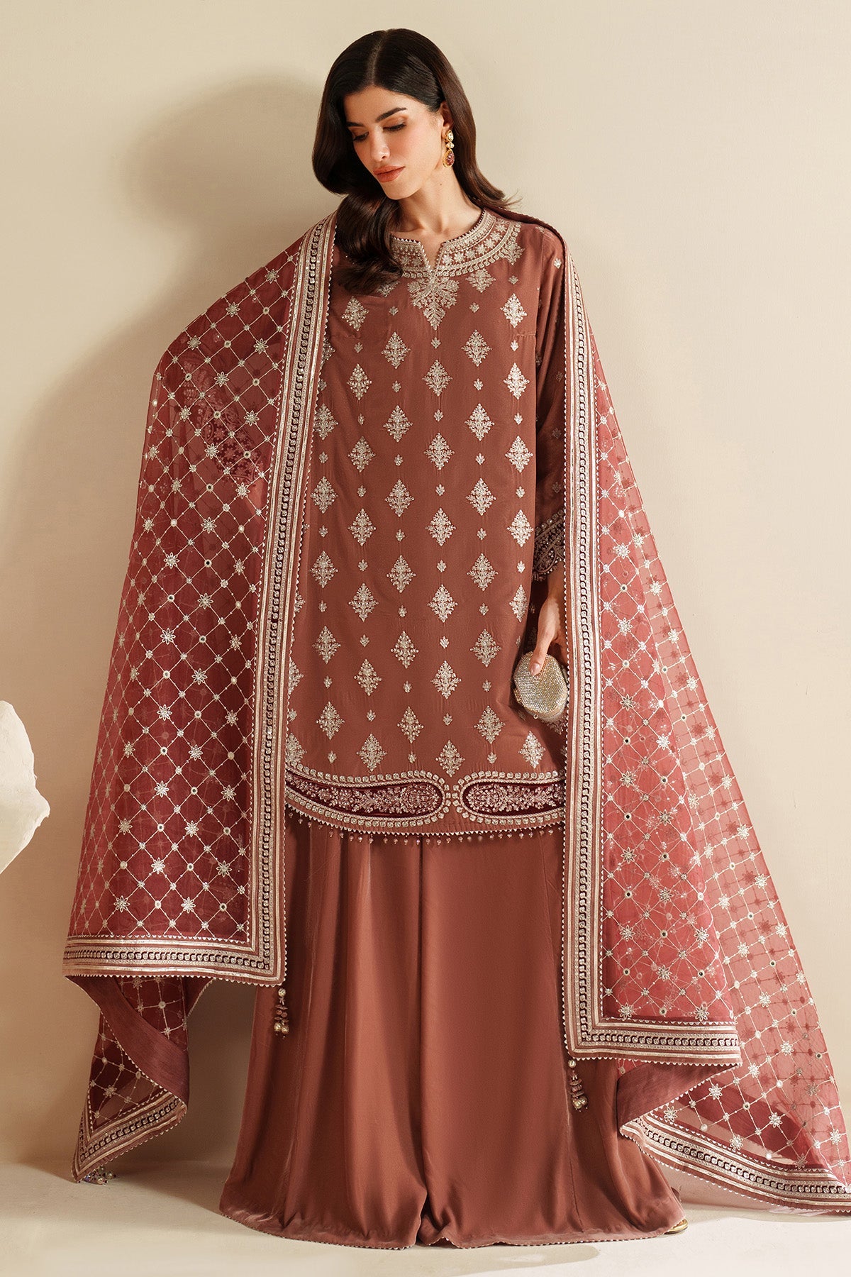 Women Wearing Embroidered Velvet Formal VVF D-3 Rust Short shirt with Sharara for Wedding Events - Pakistani Designer Wear for Women in UK | Kifat