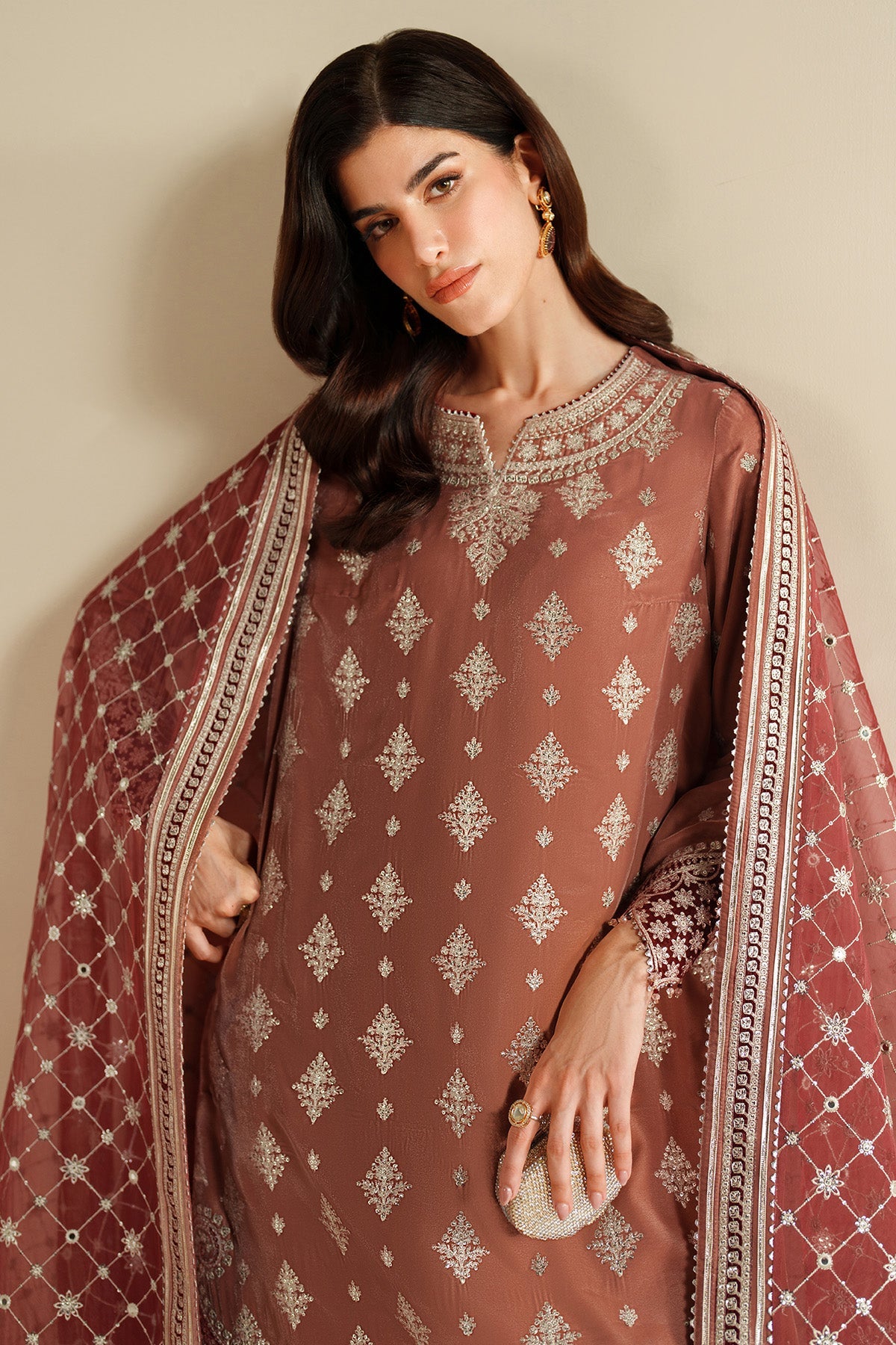 Women Wearing Embroidered Velvet Formal VVF D-3 Rust Short shirt with Sharara for Wedding Events - Pakistani Designer Wear for Women in UK | Kifat