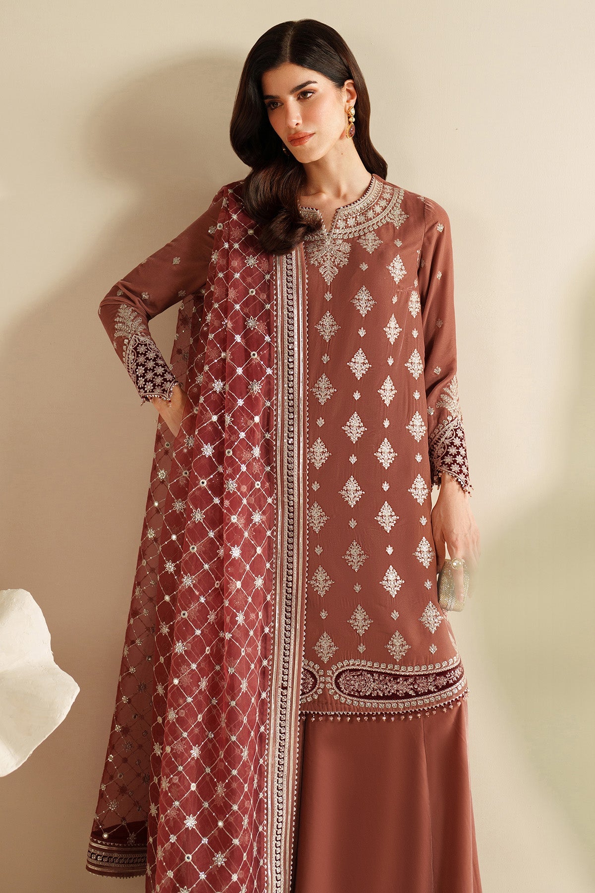 Women Wearing Embroidered Velvet Formal VVF D-3 Rust Short shirt with Sharara for Wedding Events - Pakistani Designer Wear for Women in UK | Kifat