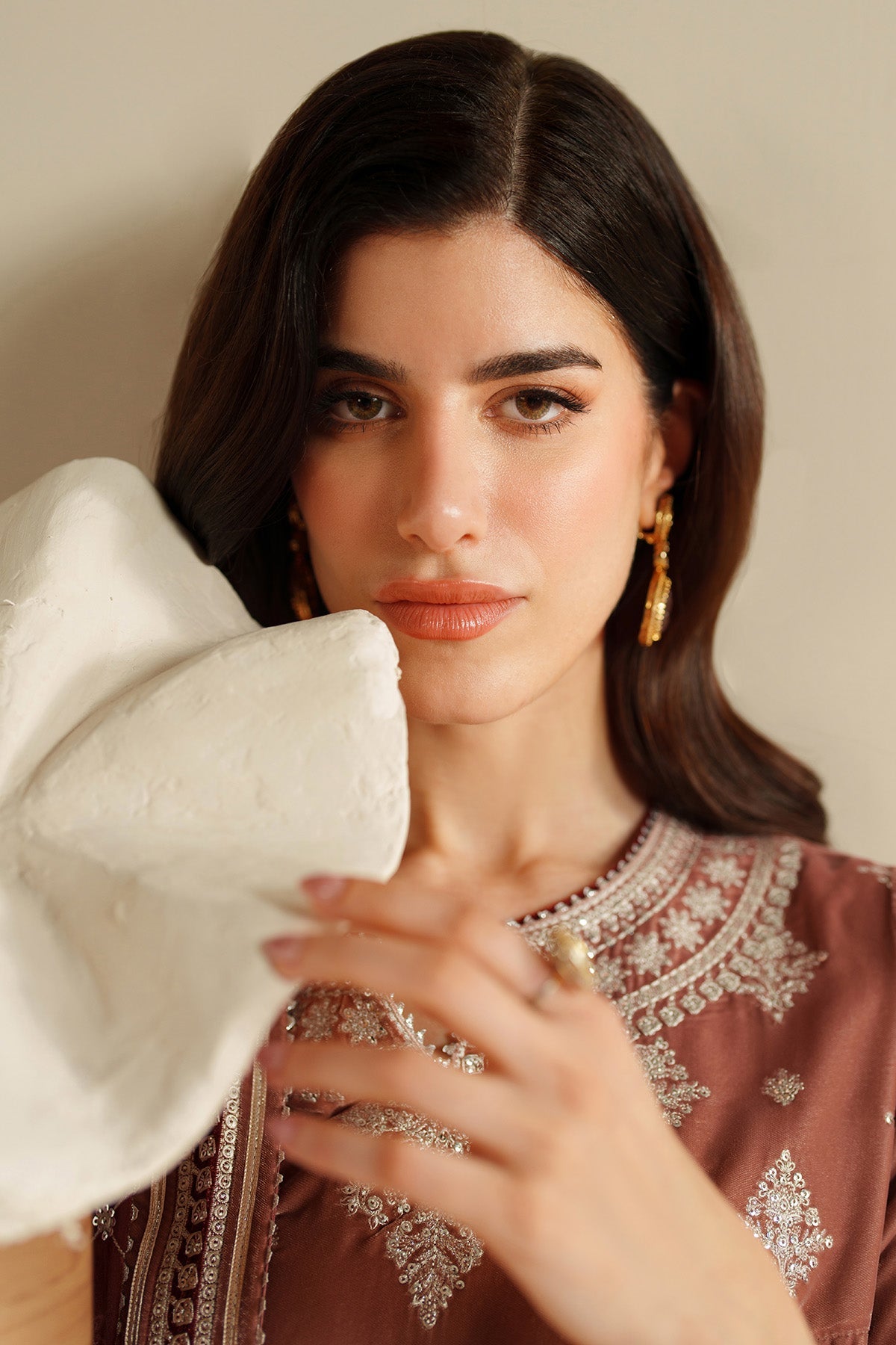 Women Wearing Embroidered Velvet Formal VVF D-3 Rust Short shirt with Sharara for Wedding Events - Pakistani Designer Wear for Women in UK | Kifat