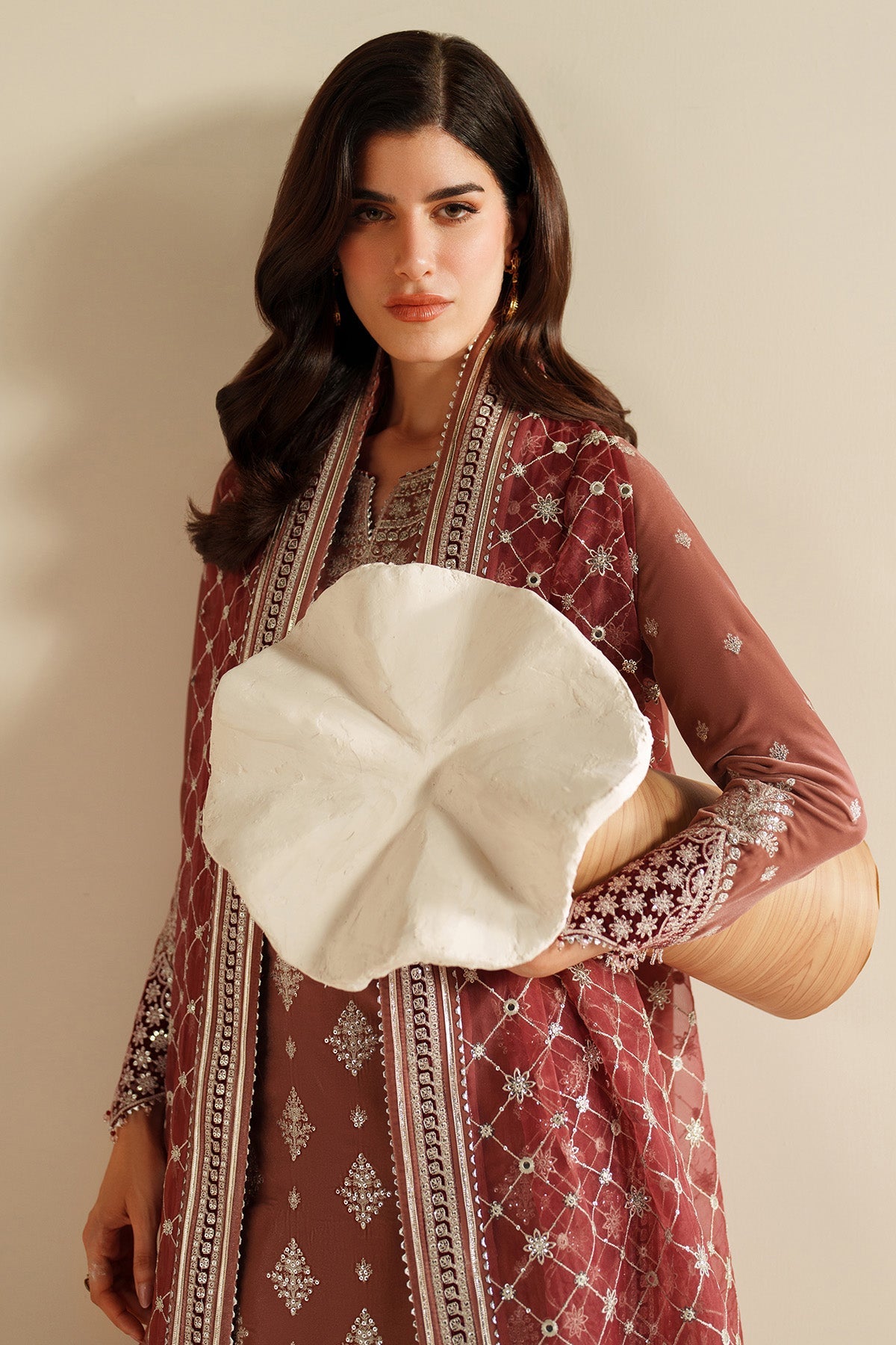 Women Wearing Embroidered Velvet Formal VVF D-3 Rust Short shirt with Sharara for Wedding Events - Pakistani Designer Wear for Women in UK | Kifat