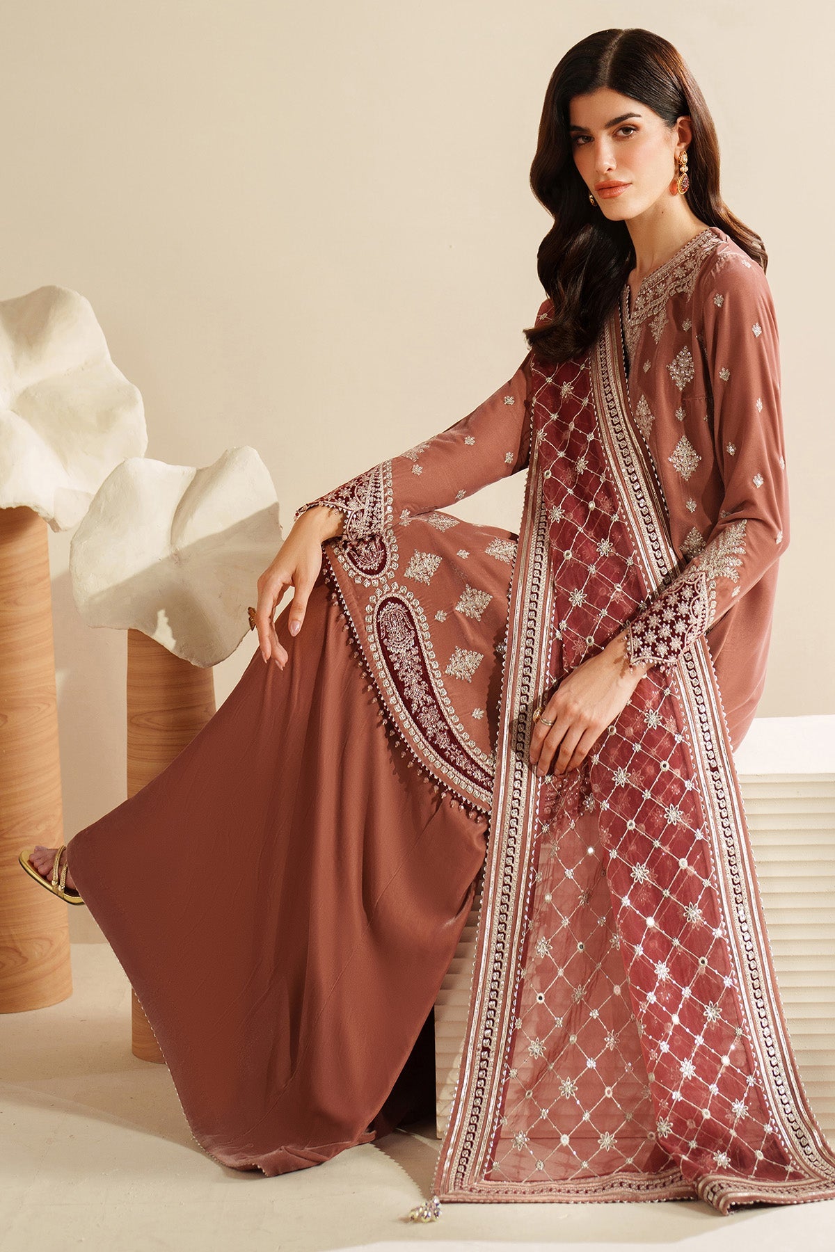 Women Wearing Embroidered Velvet Formal VVF D-3 Rust Short shirt with Sharara for Wedding Events - Pakistani Designer Wear for Women in UK | Kifat