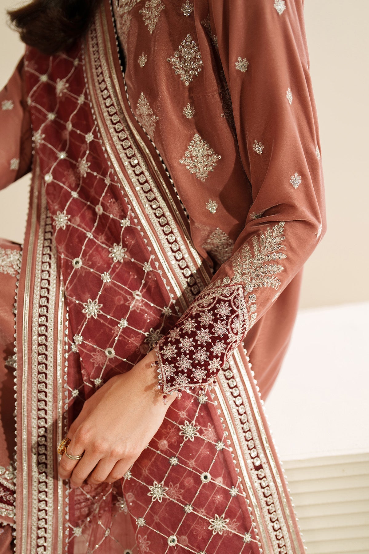 Women Wearing Embroidered Velvet Formal VVF D-3 Rust Short shirt with Sharara for Wedding Events - Pakistani Designer Wear for Women in UK | Kifat