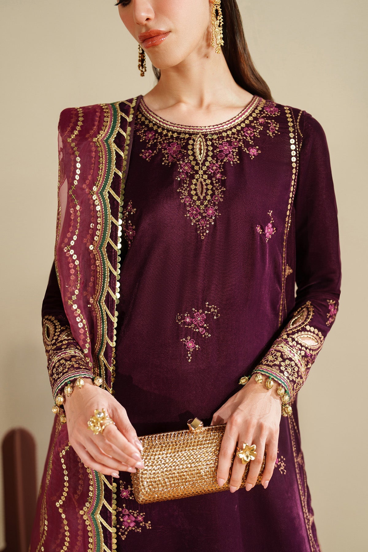 Women Wearing Embroidered Velvet Formal VVF D-4 Plum Long Shirt for Wedding Events - Pakistani Designer Wear for Women in UK | Kifat