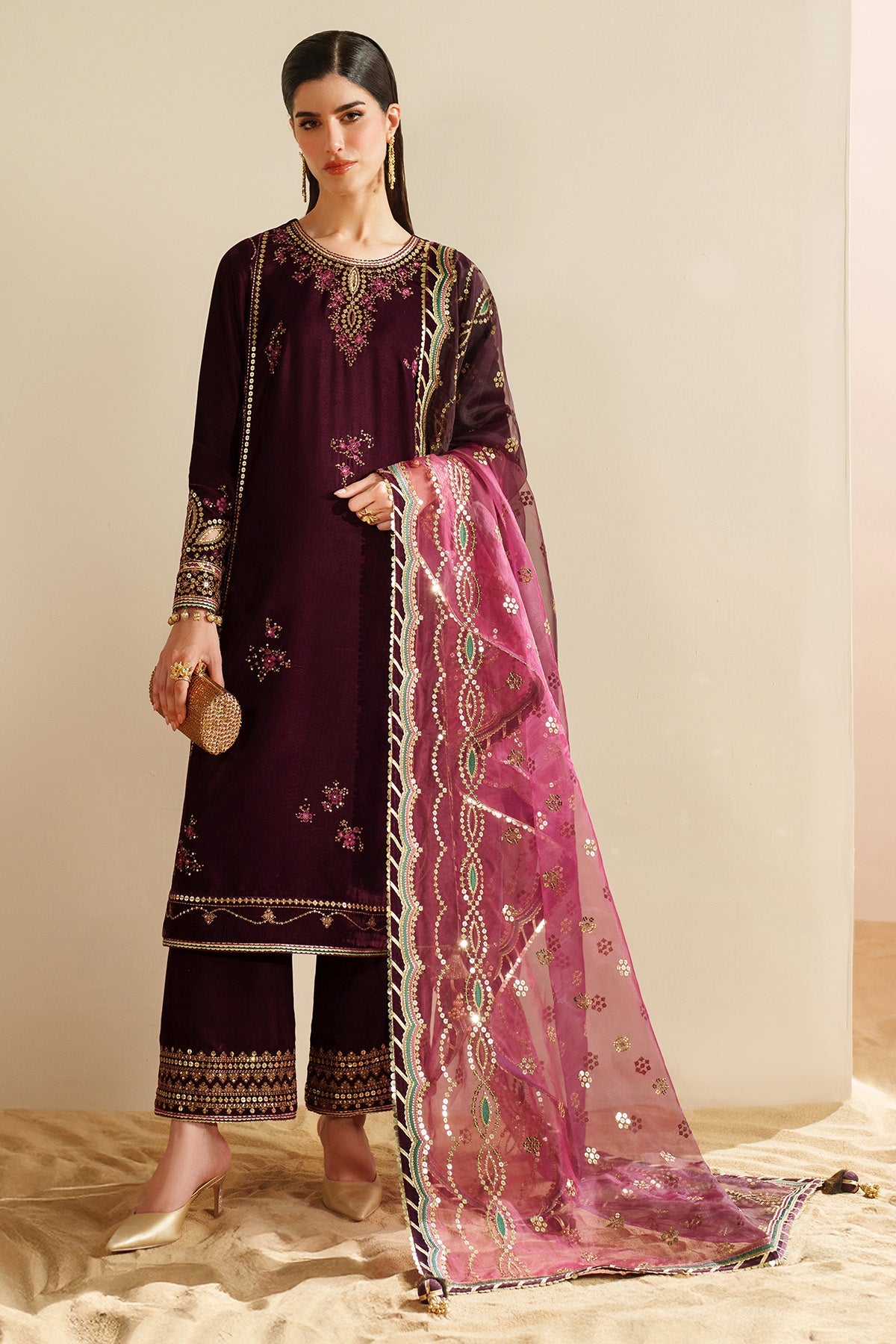 Women Wearing Embroidered Velvet Formal VVF D-4 Plum Long Shirt for Wedding Events - Pakistani Designer Wear for Women in UK | Kifat
