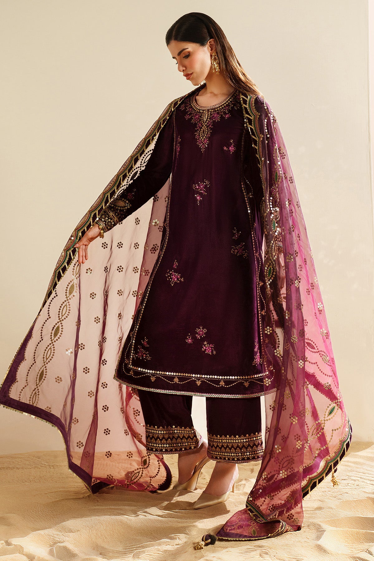 Women Wearing Embroidered Velvet Formal VVF D-4 Plum Long Shirt for Wedding Events - Pakistani Designer Wear for Women in UK | Kifat