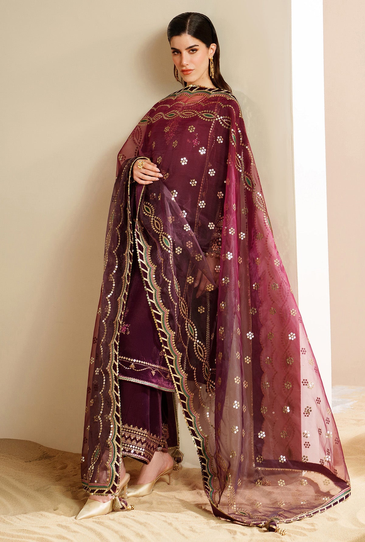 Women Wearing Embroidered Velvet Formal VVF D-4 Plum Long Shirt for Wedding Events - Pakistani Designer Wear for Women in UK | Kifat