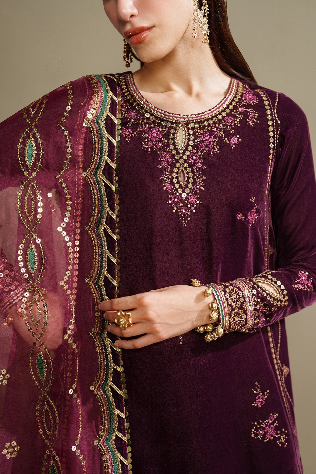 Women Wearing Embroidered Velvet Formal VVF D-4 Plum Long Shirt for Wedding Events - Pakistani Designer Wear for Women in UK | Kifat