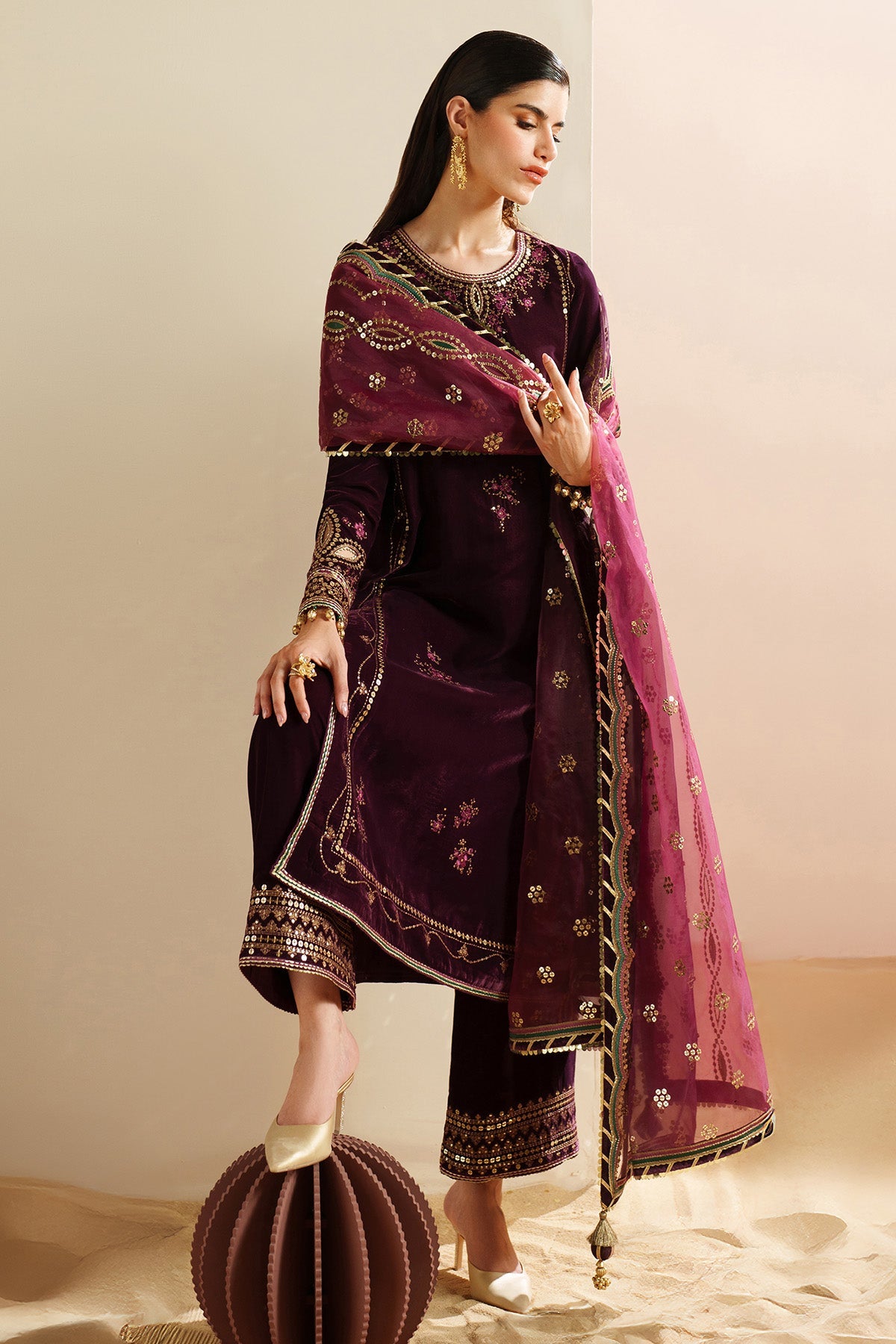 Women Wearing Embroidered Velvet Formal VVF D-4 Plum Long Shirt for Wedding Events - Pakistani Designer Wear for Women in UK | Kifat
