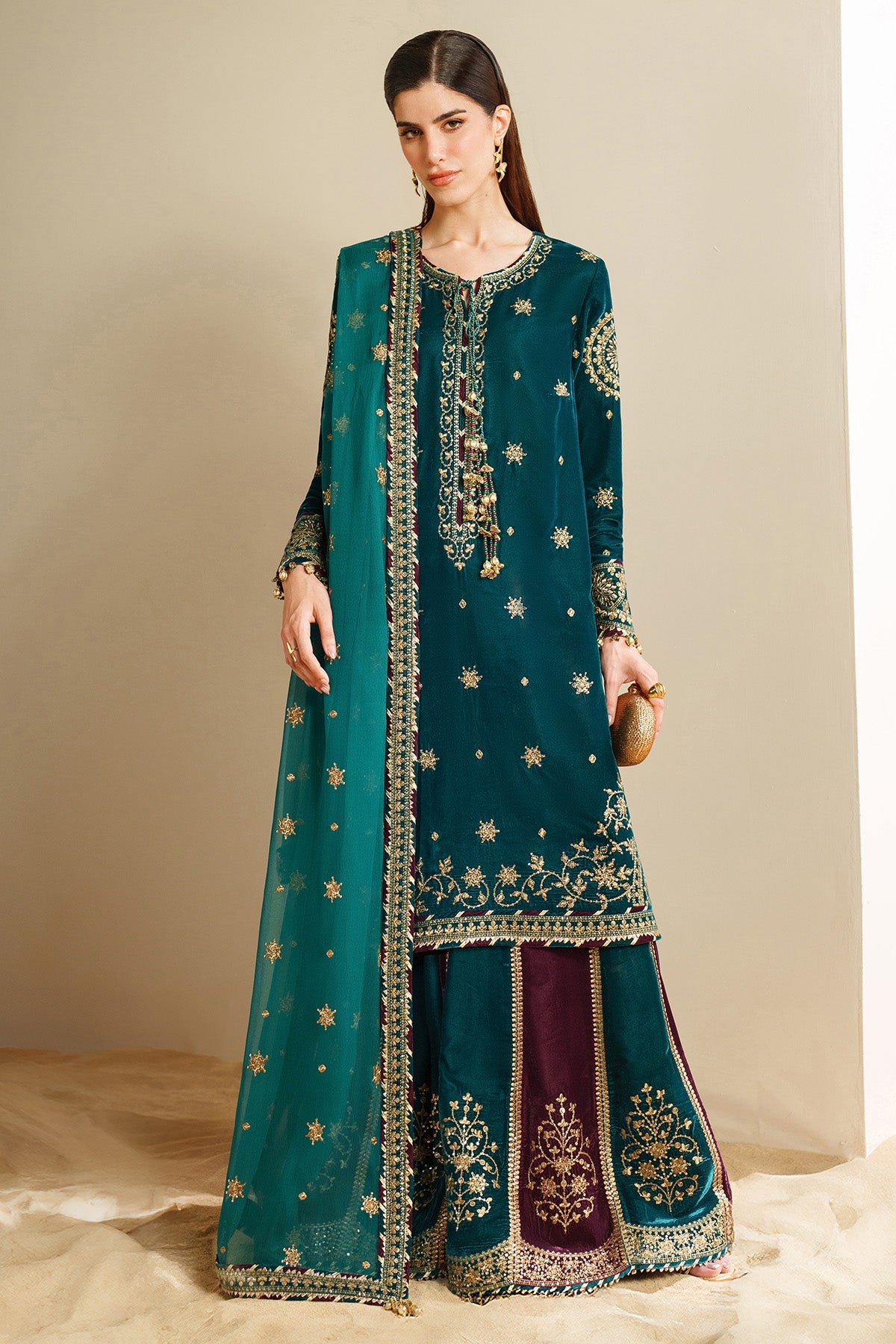 Women Wearing Embroidered Velvet Formal VVF D-8 Ferozi Shirt with Sharara for Wedding Events - Pakistani Designer Wear for Women in UK | Kifat