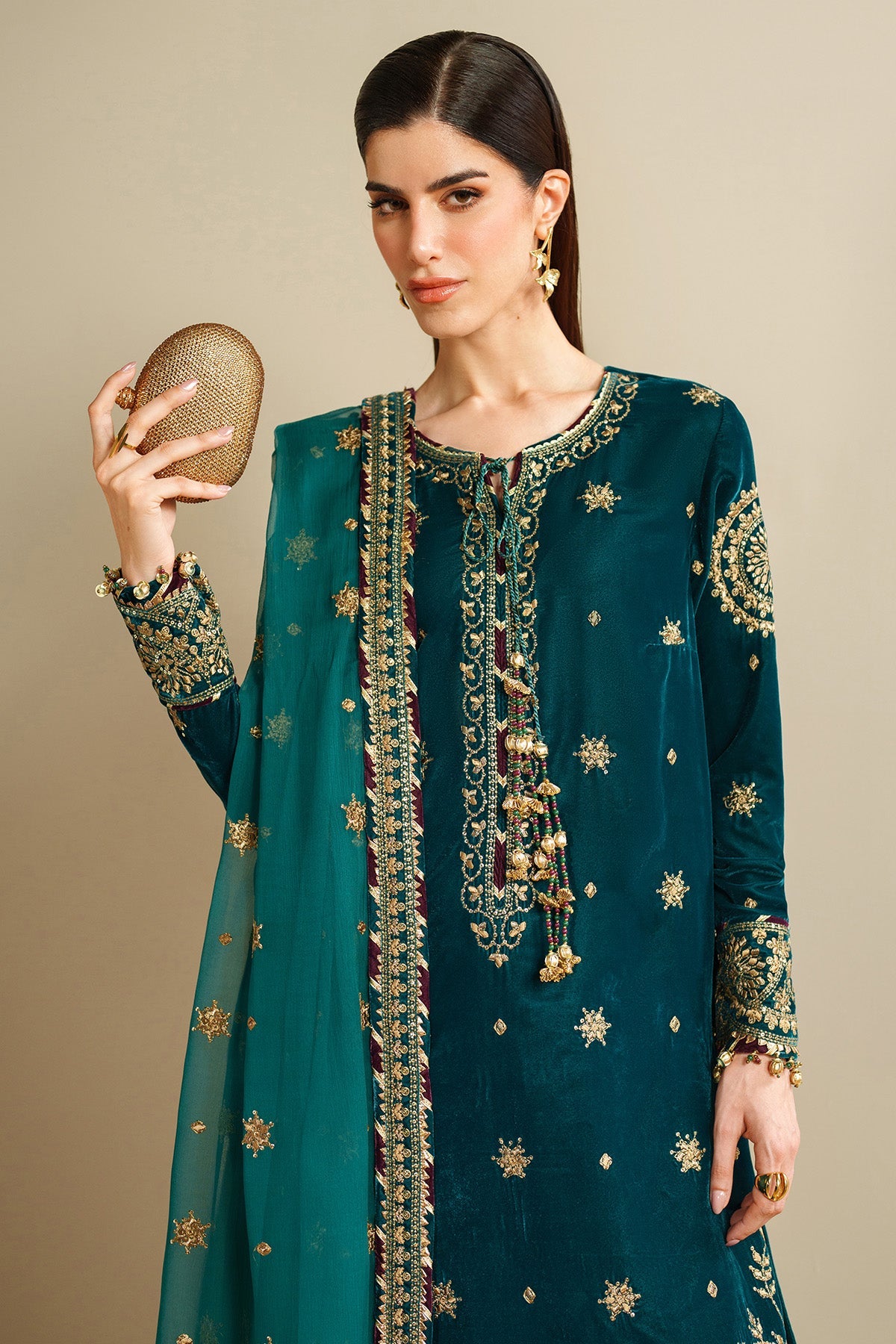 Women Wearing Embroidered Velvet Formal VVF D-8 Ferozi Shirt with Sharara for Wedding Events - Pakistani Designer Wear for Women in UK | Kifat