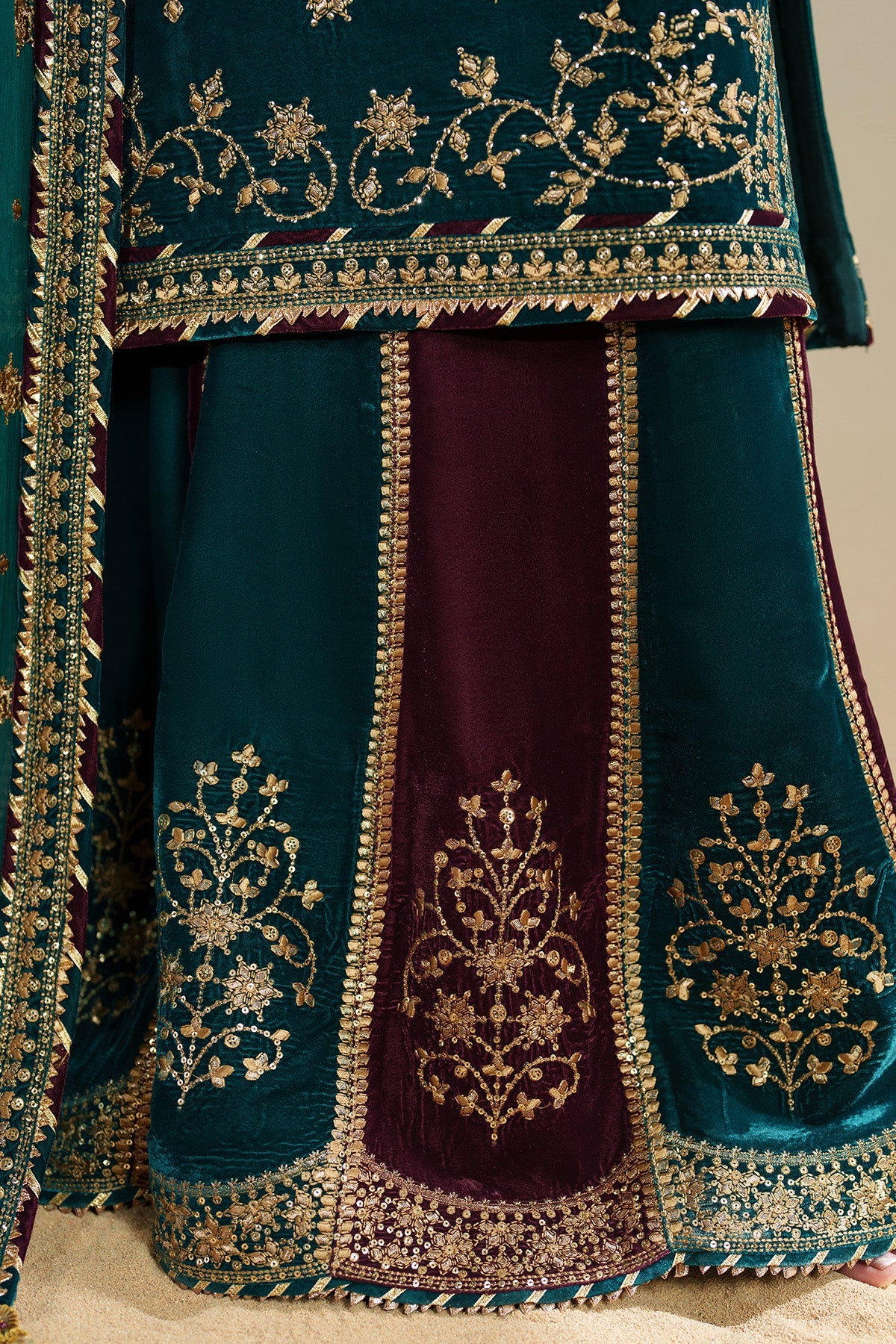 Women Wearing Embroidered Velvet Formal VVF D-8 Ferozi Shirt with Sharara for Wedding Events - Pakistani Designer Wear for Women in UK | Kifat
