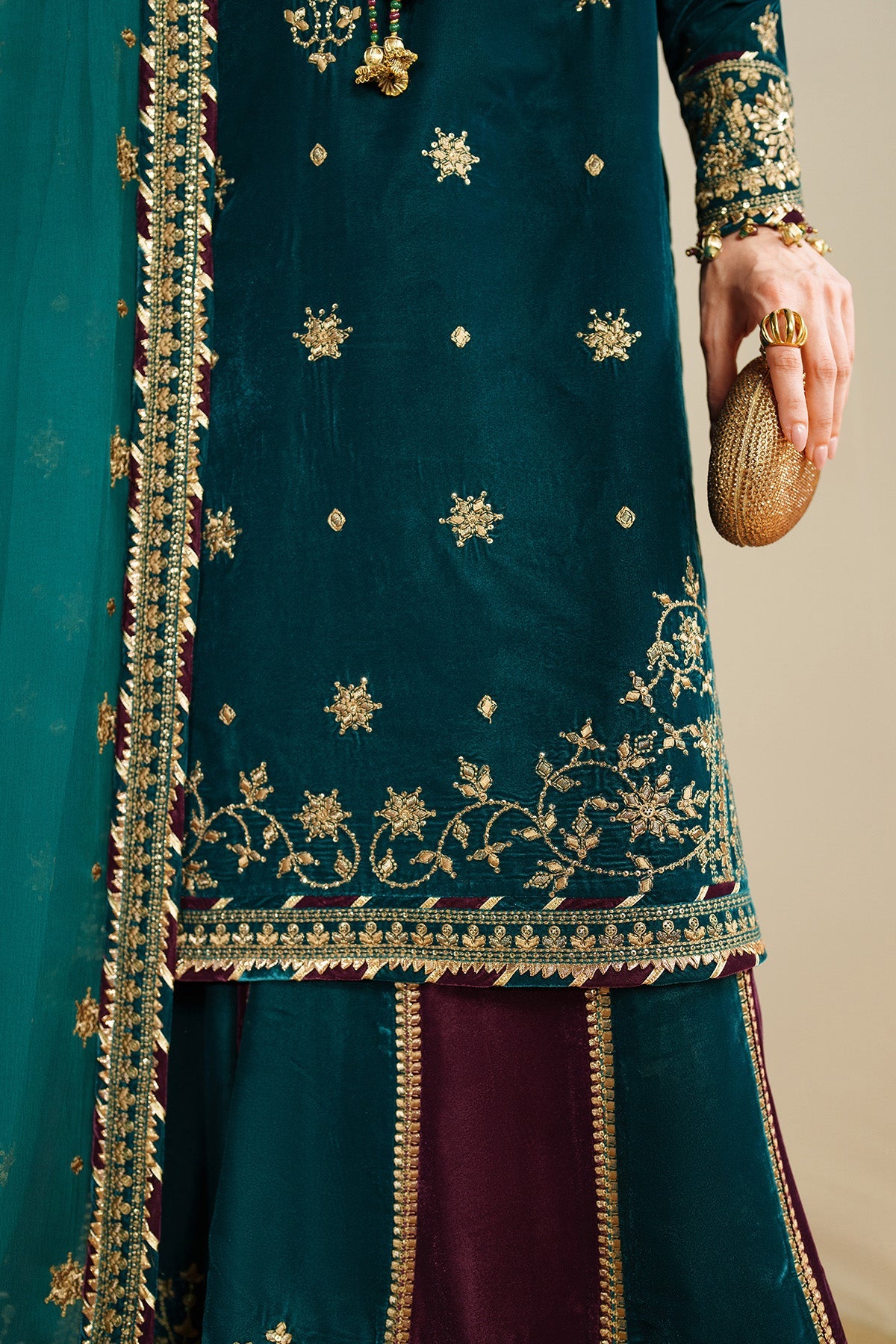 Women Wearing Embroidered Velvet Formal VVF D-8 Ferozi Shirt with Sharara for Wedding Events - Pakistani Designer Wear for Women in UK | Kifat