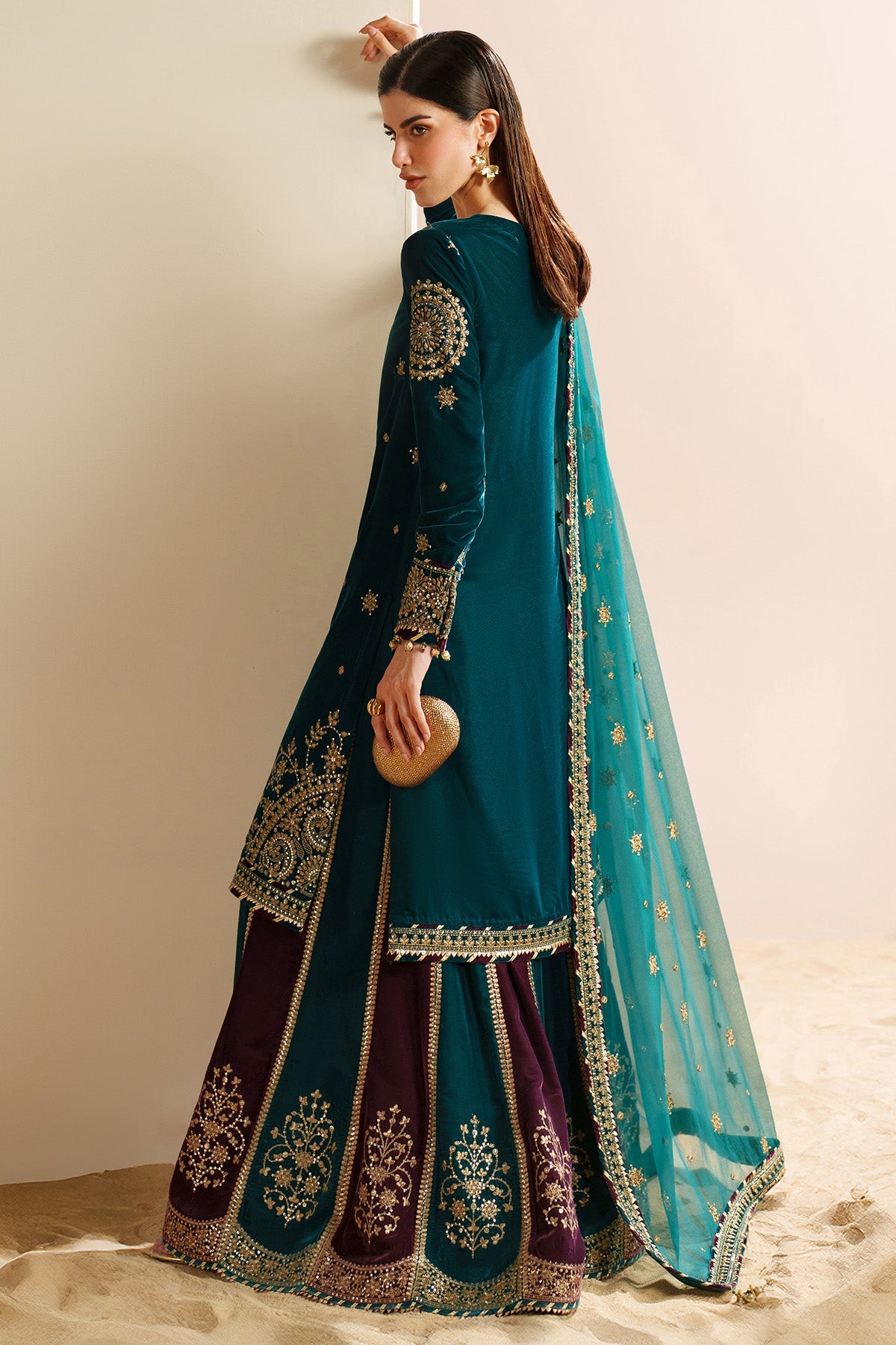 Women Wearing Embroidered Velvet Formal VVF D-8 Ferozi Shirt with Sharara for Wedding Events - Pakistani Designer Wear for Women in UK | Kifat