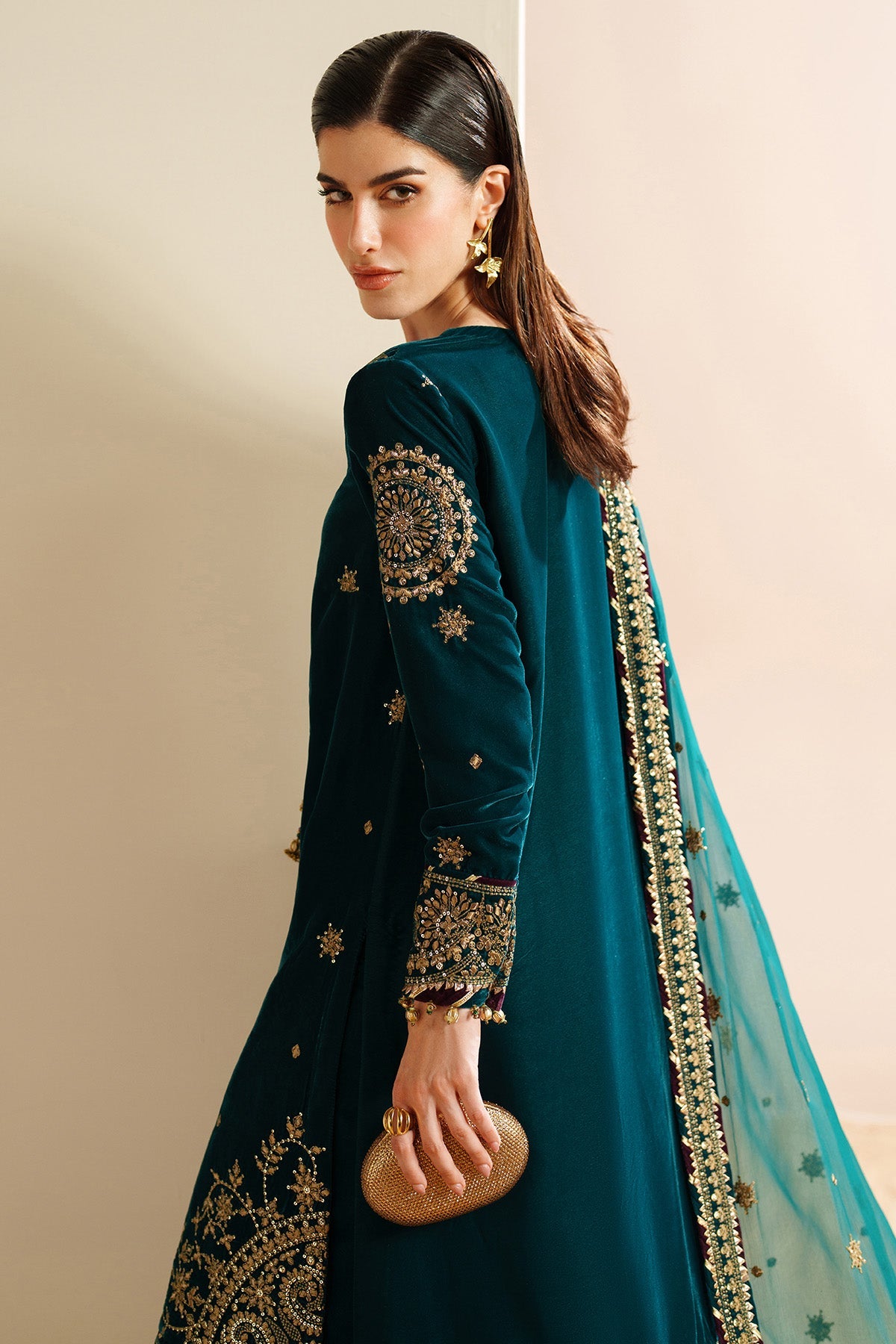 Women Wearing Embroidered Velvet Formal VVF D-8 Ferozi Shirt with Sharara for Wedding Events - Pakistani Designer Wear for Women in UK | Kifat
