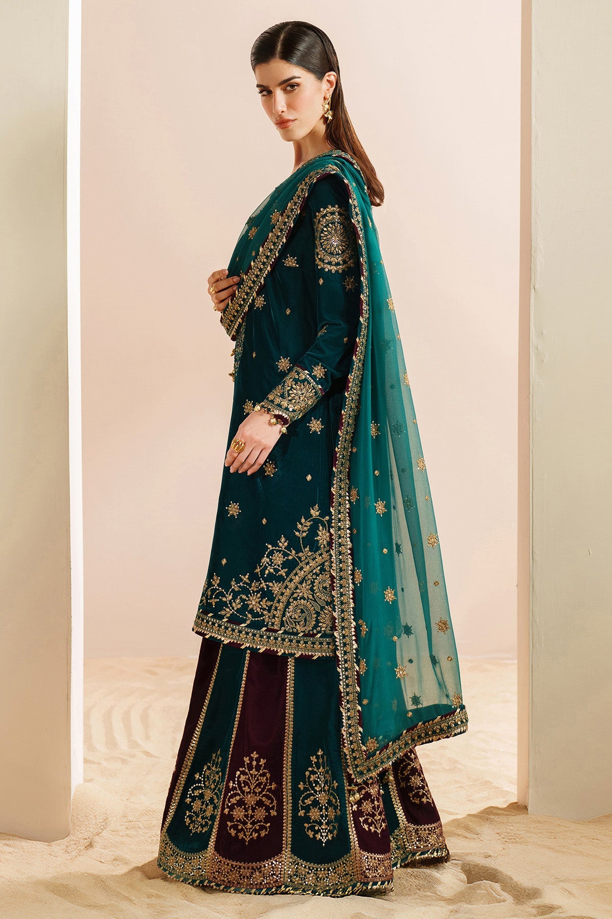 Women Wearing Embroidered Velvet Formal VVF D-8 Ferozi Shirt with Sharara for Wedding Events - Pakistani Designer Wear for Women in UK | Kifat