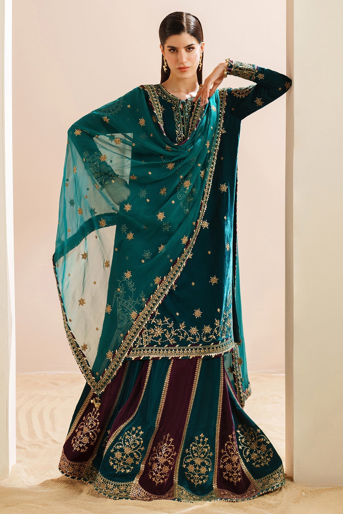 Women Wearing Embroidered Velvet Formal VVF D-8 Ferozi Shirt with Sharara for Wedding Events - Pakistani Designer Wear for Women in UK | Kifat