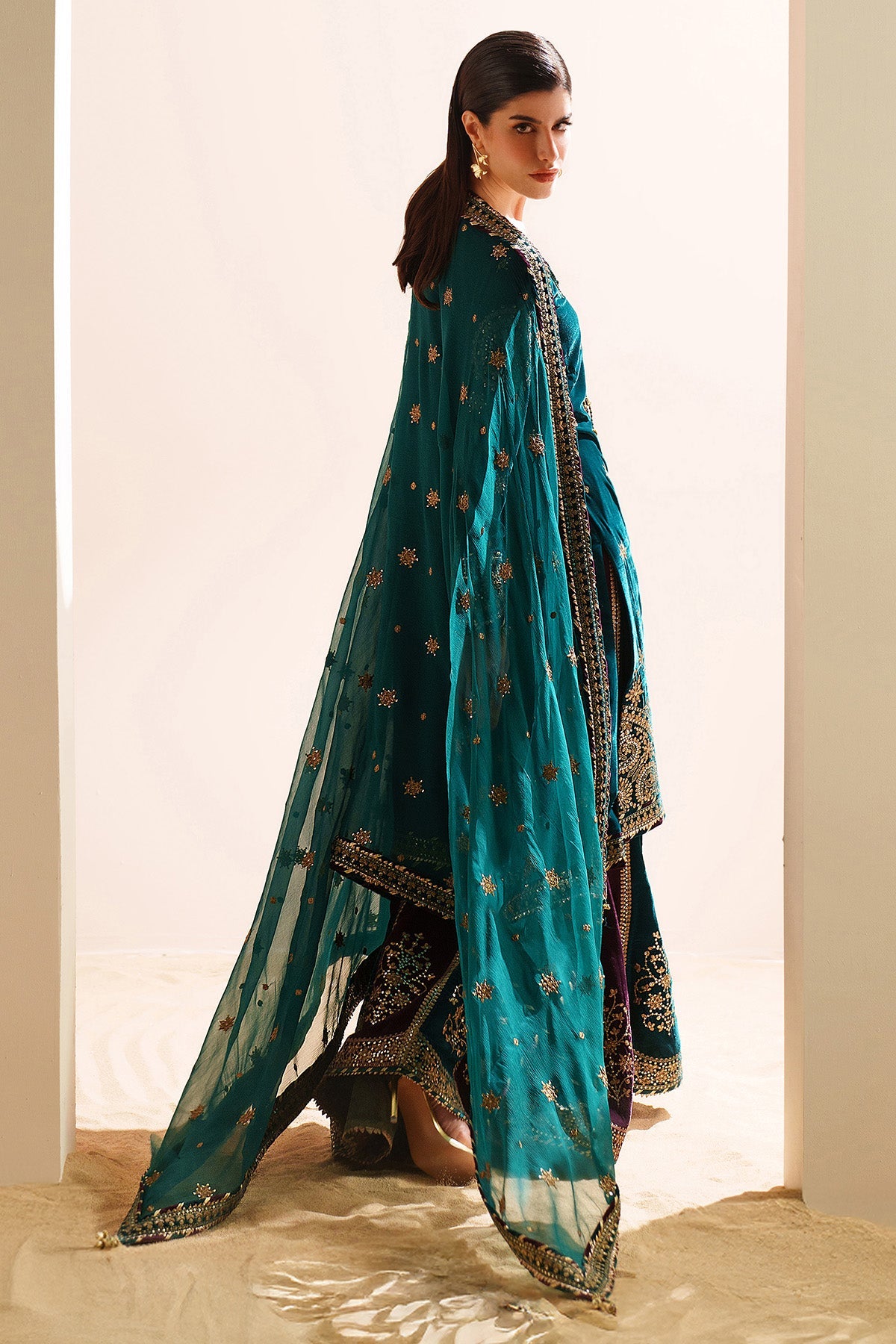 Women Wearing Embroidered Velvet Formal VVF D-8 Ferozi Shirt with Sharara for Wedding Events - Pakistani Designer Wear for Women in UK | Kifat