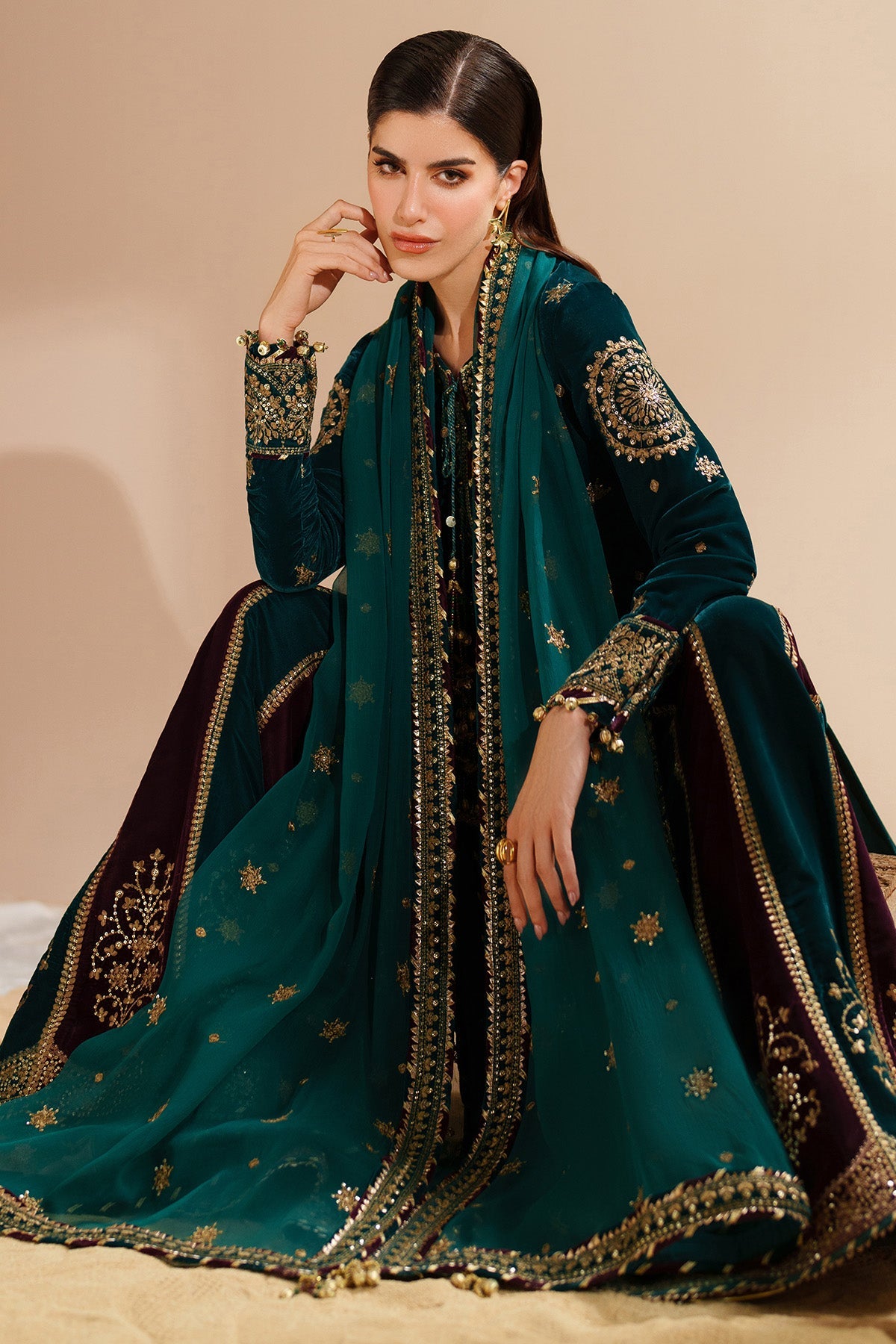 Women Wearing Embroidered Velvet Formal VVF D-8 Ferozi Shirt with Sharara for Wedding Events - Pakistani Designer Wear for Women in UK | Kifat