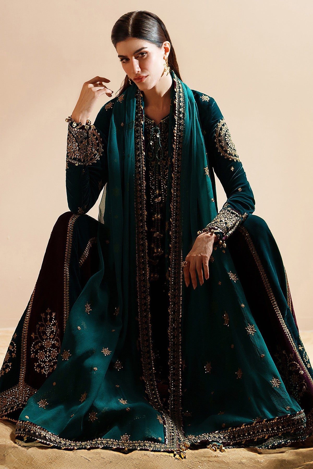Women Wearing Embroidered Velvet Formal VVF D-8 Ferozi Shirt with Sharara for Wedding Events - Pakistani Designer Wear for Women in UK | Kifat