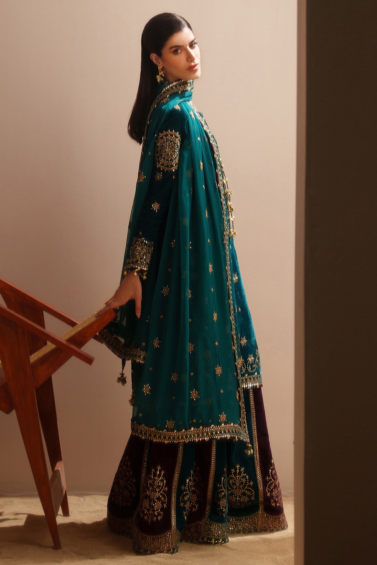 Women Wearing Embroidered Velvet Formal VVF D-8 Ferozi Shirt with Sharara for Wedding Events - Pakistani Designer Wear for Women in UK | Kifat