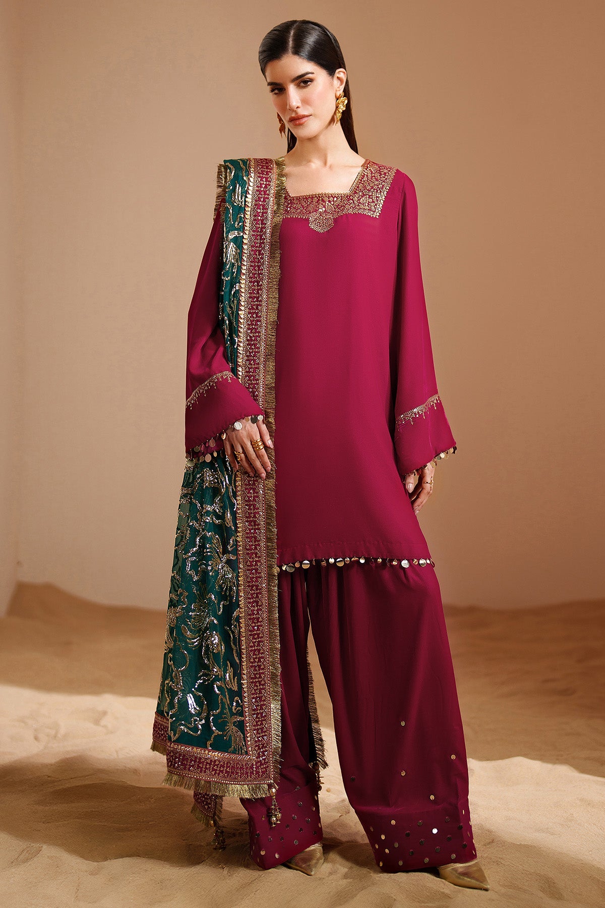 Women Wearing Embroidered Velvet Formal VVF D-9 Pink Short Shirt for Wedding Events - Pakistani Designer Wear for Women in UK | Kifat