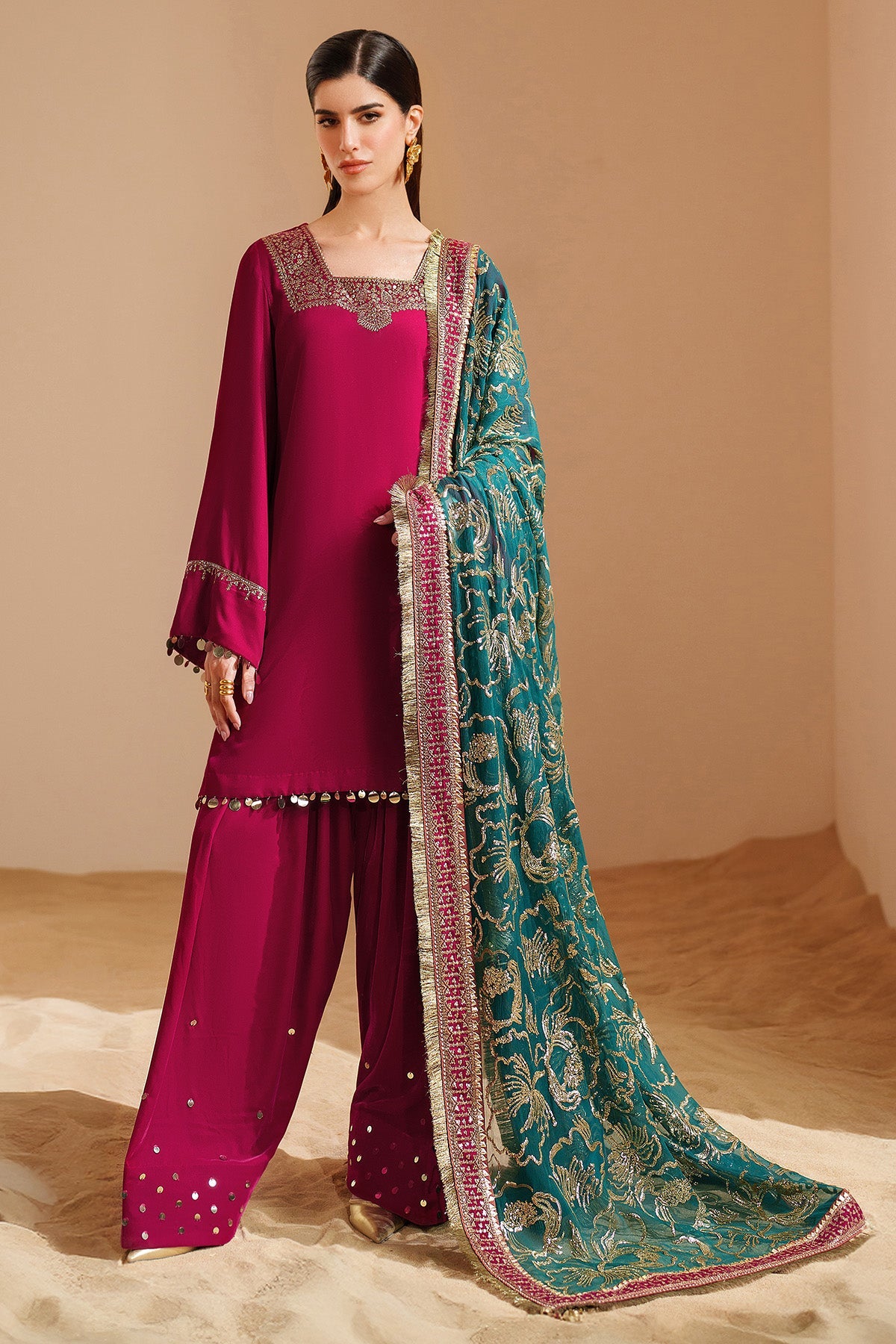 Women Wearing Embroidered Velvet Formal VVF D-9 Pink Short Shirt for Wedding Events - Pakistani Designer Wear for Women in UK | Kifat