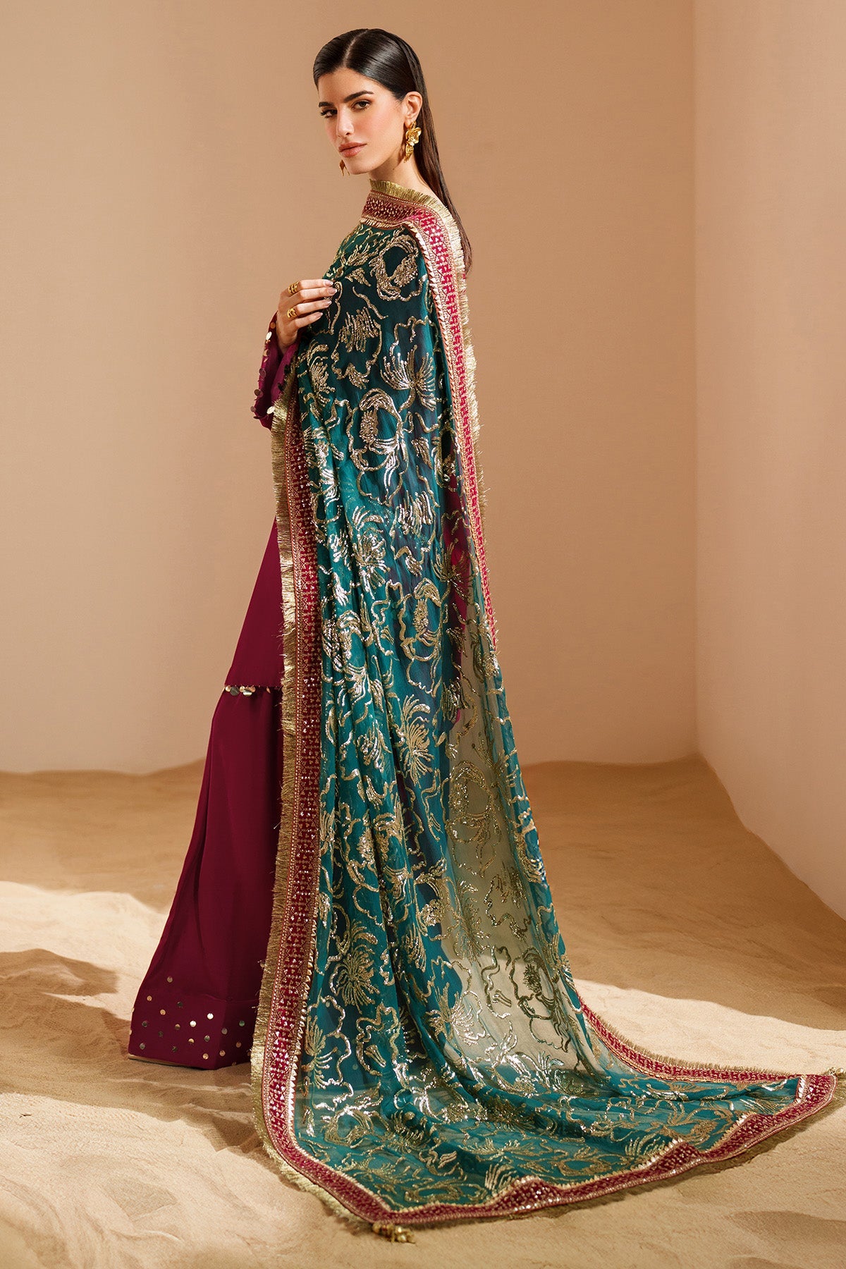 Women Wearing Embroidered Velvet Formal VVF D-9 Pink Short Shirt for Wedding Events - Pakistani Designer Wear for Women in UK | Kifat