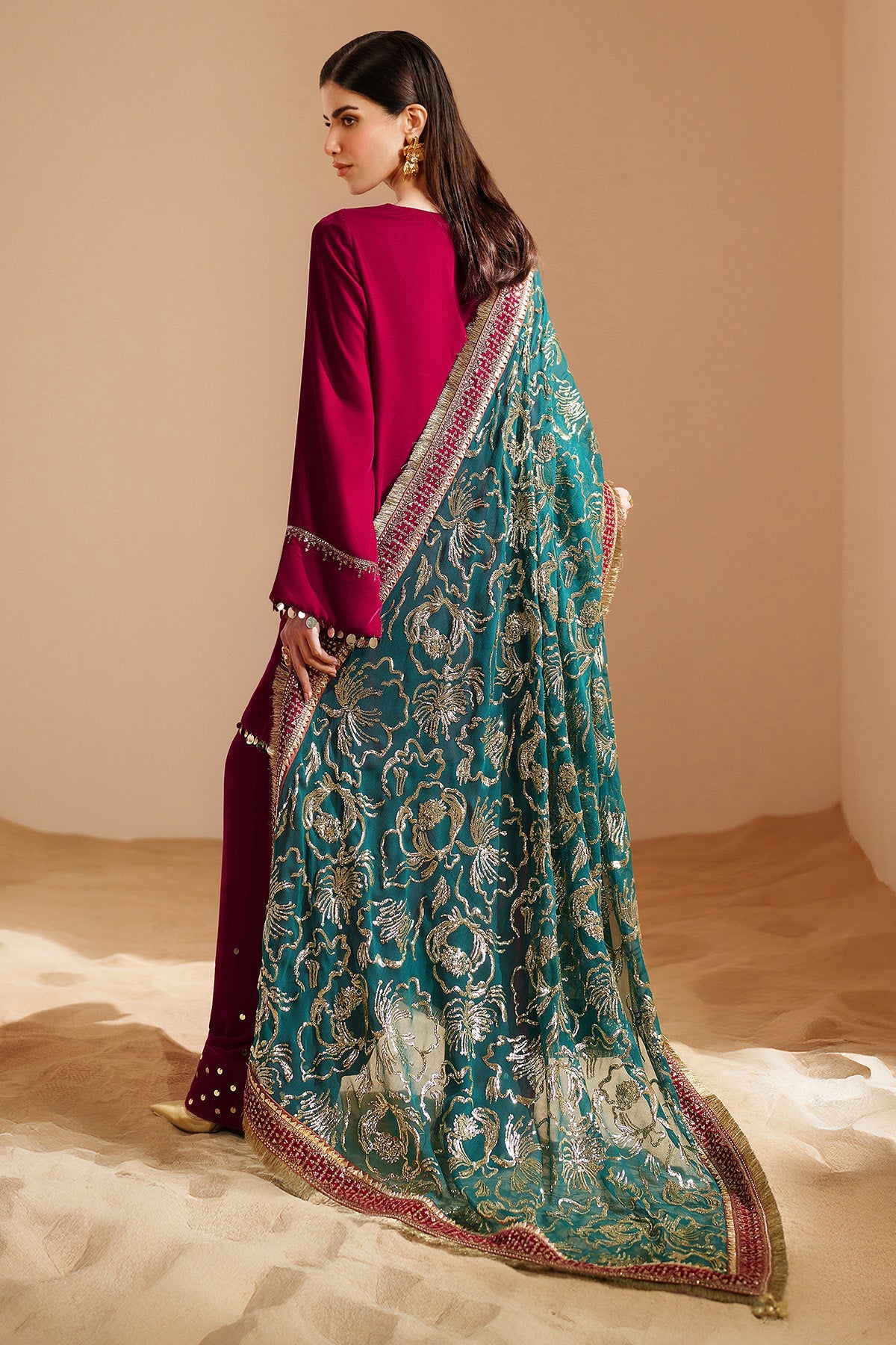 Women Wearing Embroidered Velvet Formal VVF D-9 Pink Short Shirt for Wedding Events - Pakistani Designer Wear for Women in UK | Kifat