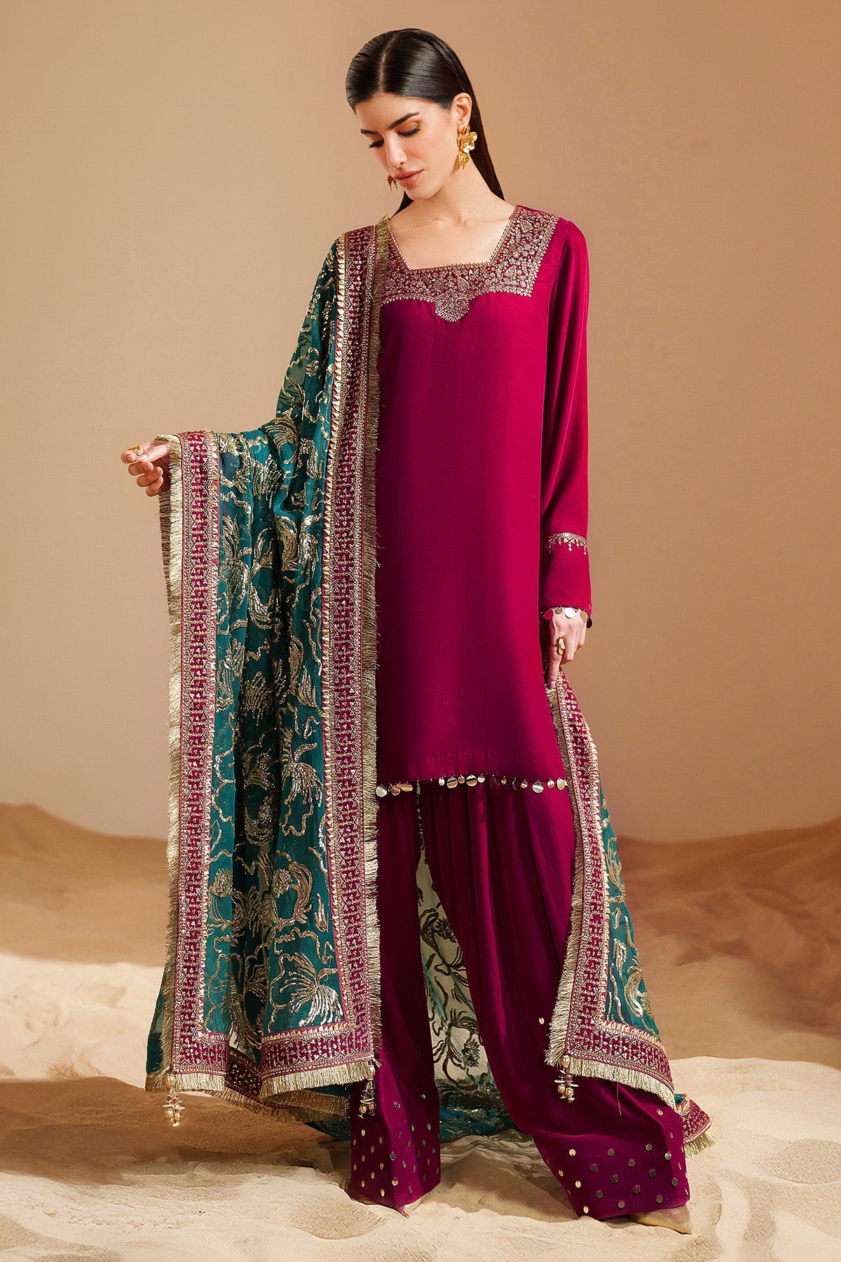 Women Wearing Embroidered Velvet Formal VVF D-9 Pink Short Shirt for Wedding Events - Pakistani Designer Wear for Women in UK | Kifat