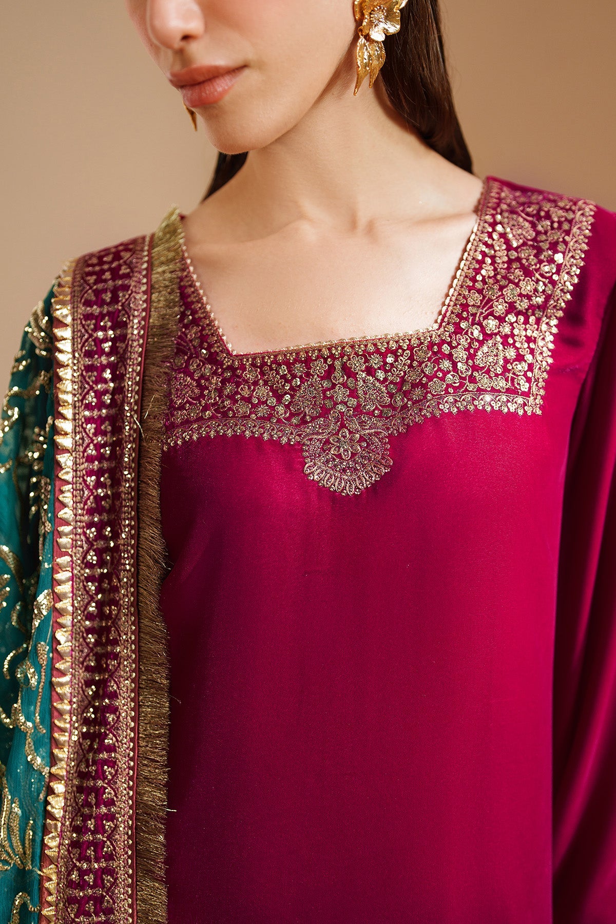 Women Wearing Embroidered Velvet Formal VVF D-9 Pink Short Shirt for Wedding Events - Pakistani Designer Wear for Women in UK | Kifat