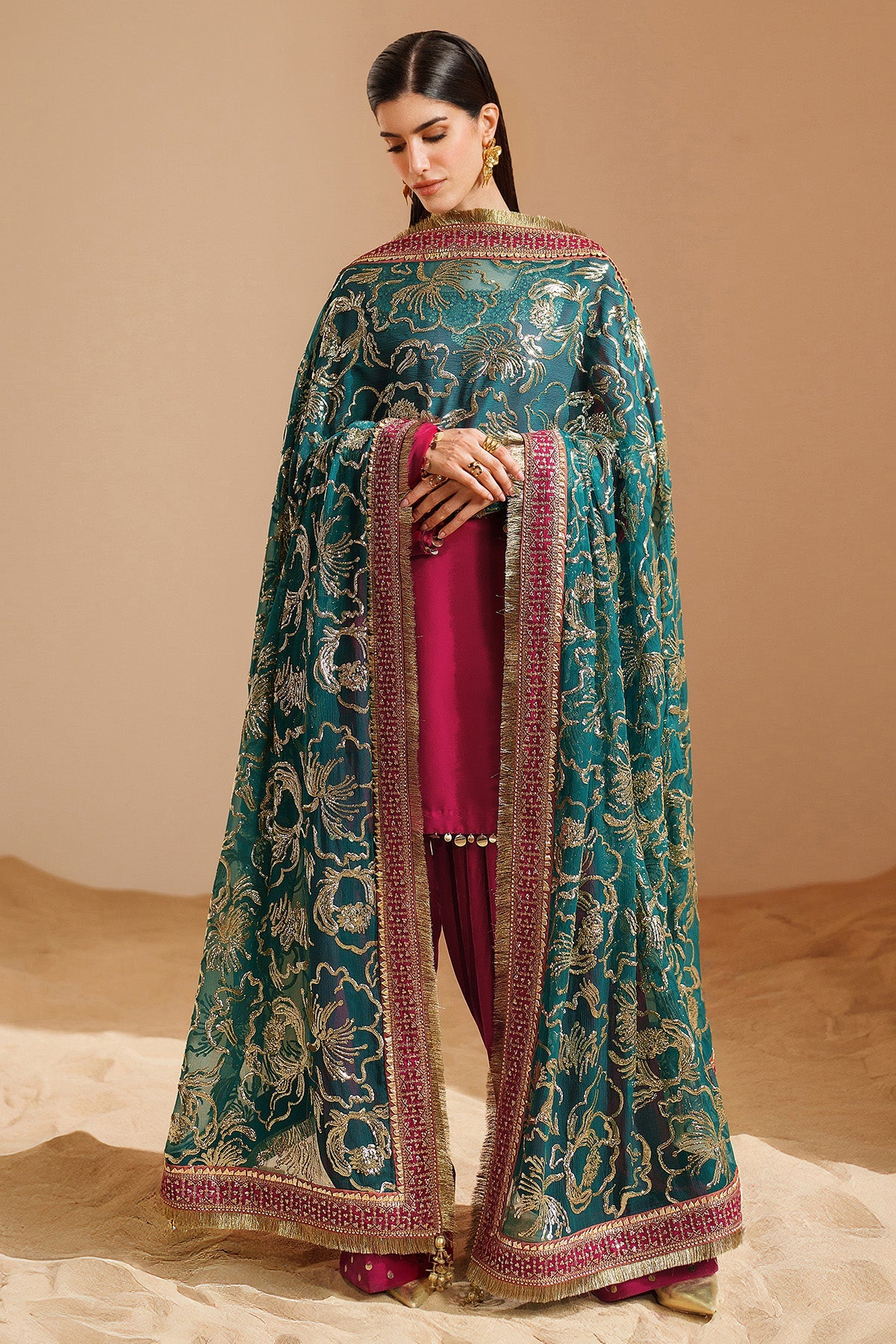Women Wearing Embroidered Velvet Formal VVF D-9 Pink Short Shirt for Wedding Events - Pakistani Designer Wear for Women in UK | Kifat