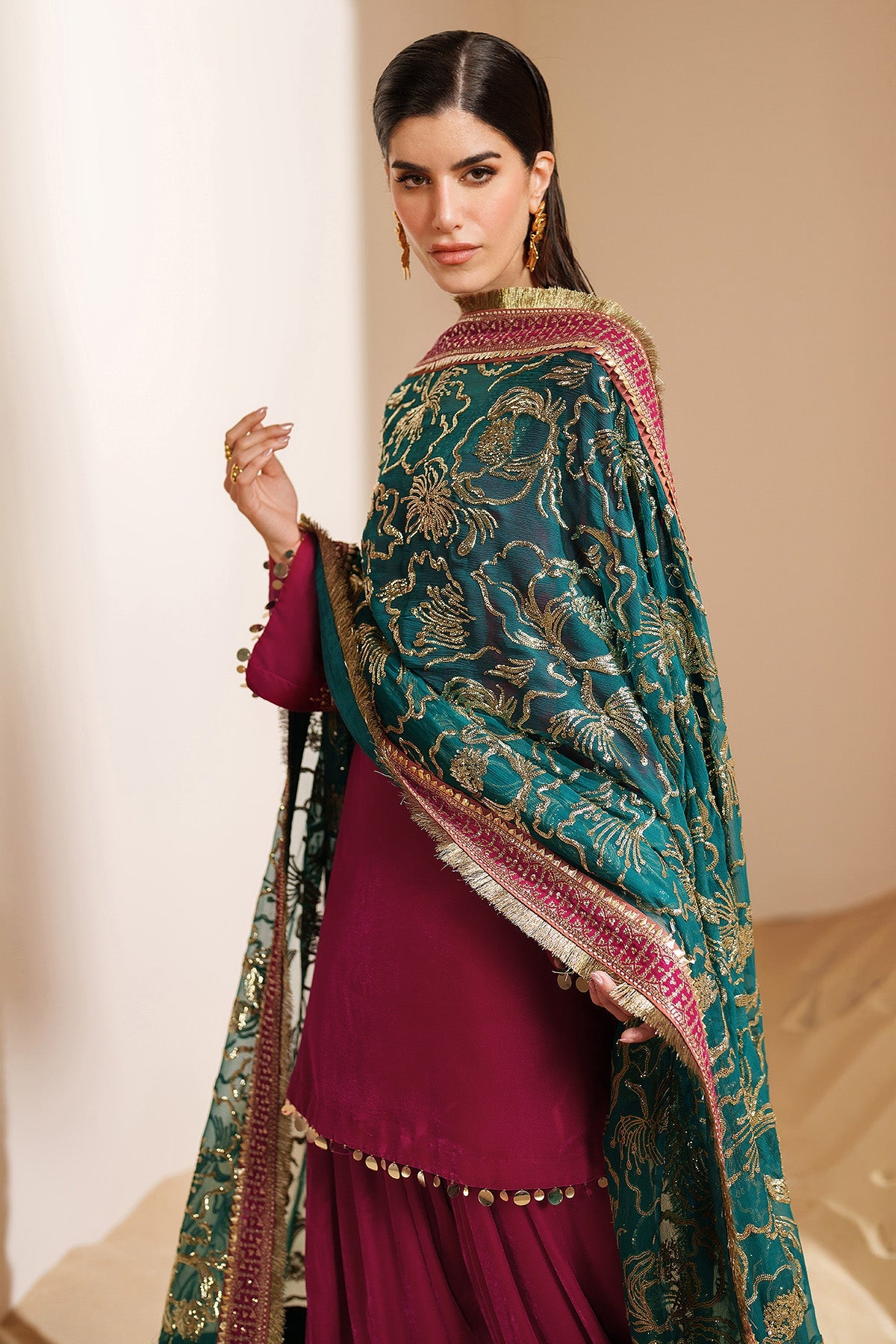 Women Wearing Embroidered Velvet Formal VVF D-9 Pink Short Shirt for Wedding Events - Pakistani Designer Wear for Women in UK | Kifat